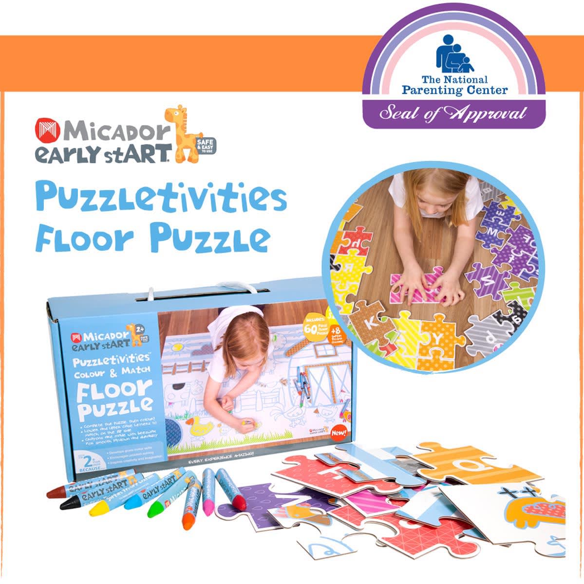 Puzzletivities Floor Puzzle Pack 60-Piece Floor Puzzle & 8 Softies Tri-Tip Crayons