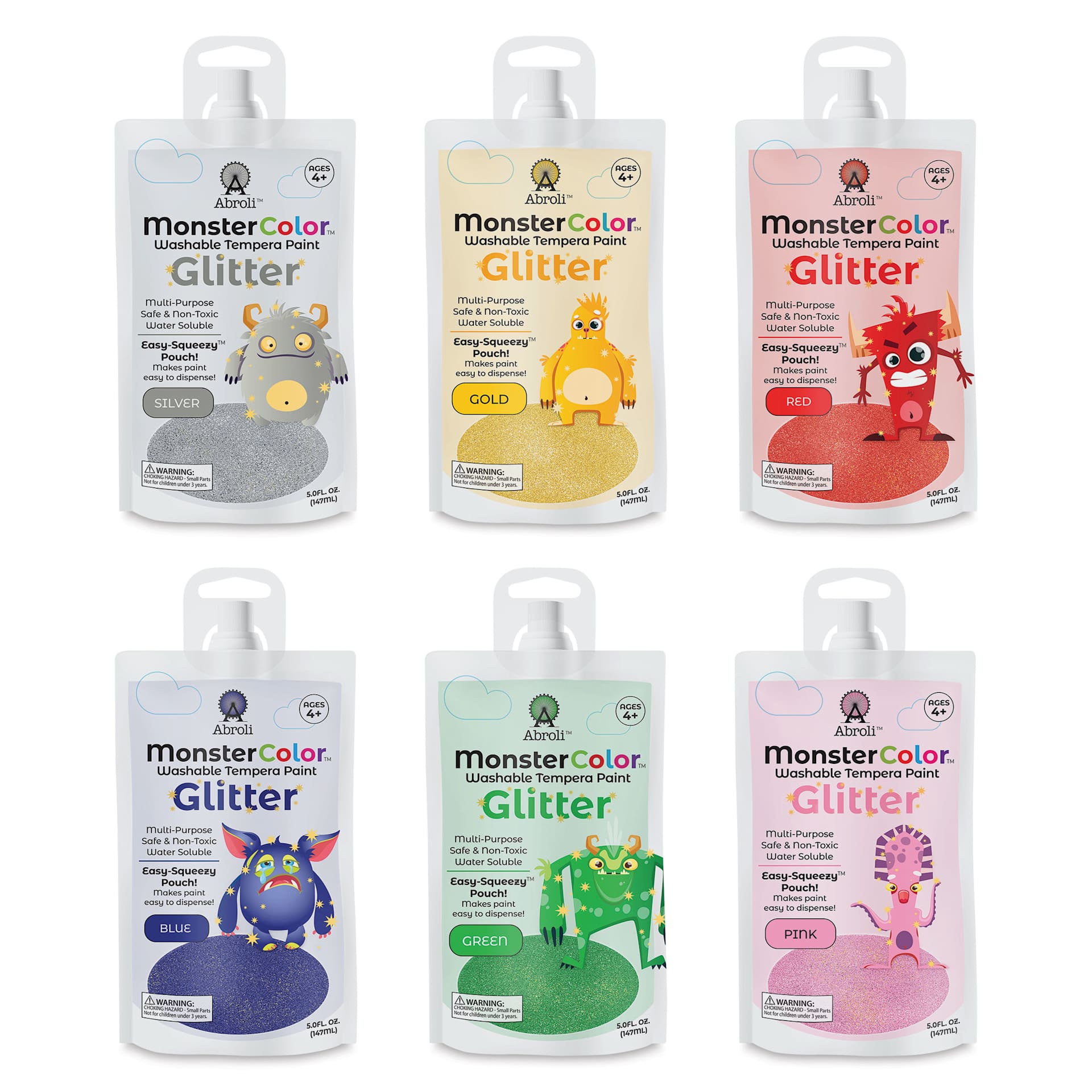 Abroli MonsterColor Washable Tempera Paint and Sets - Set of 8, Glitter, pouches out of packaging