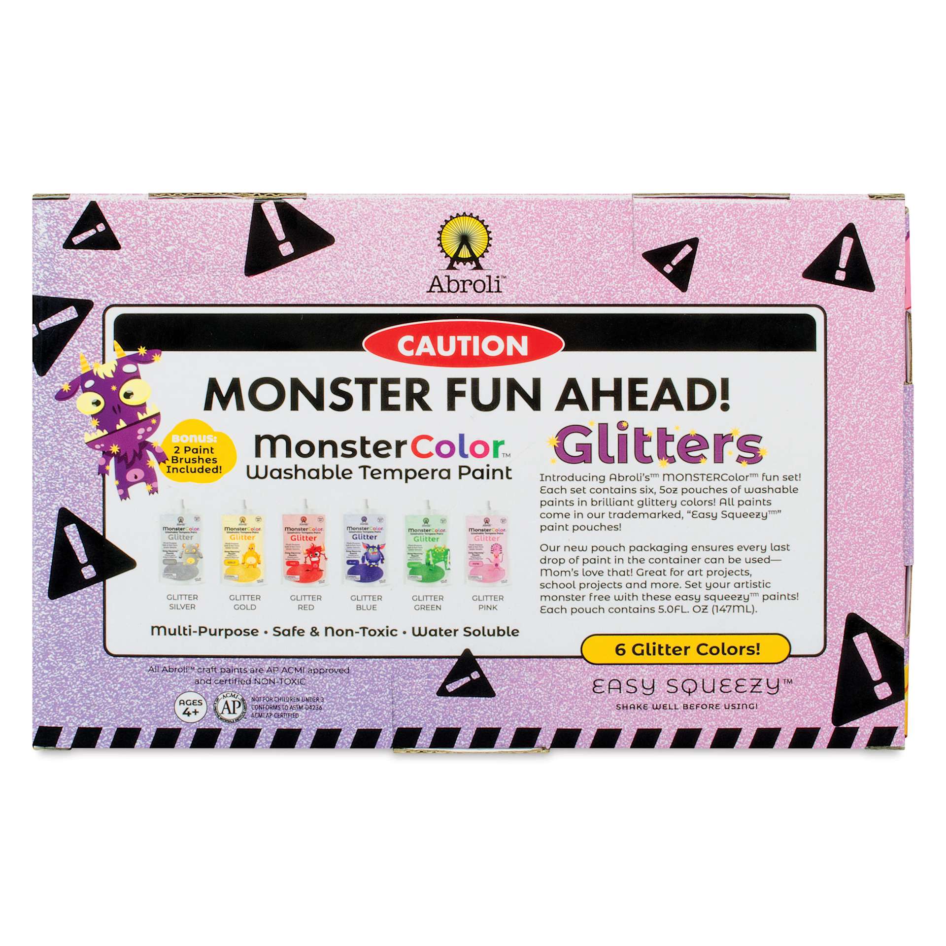 Abroli MonsterColor Washable Tempera Paint and Sets - Set of 8, Glitter, back of packaging