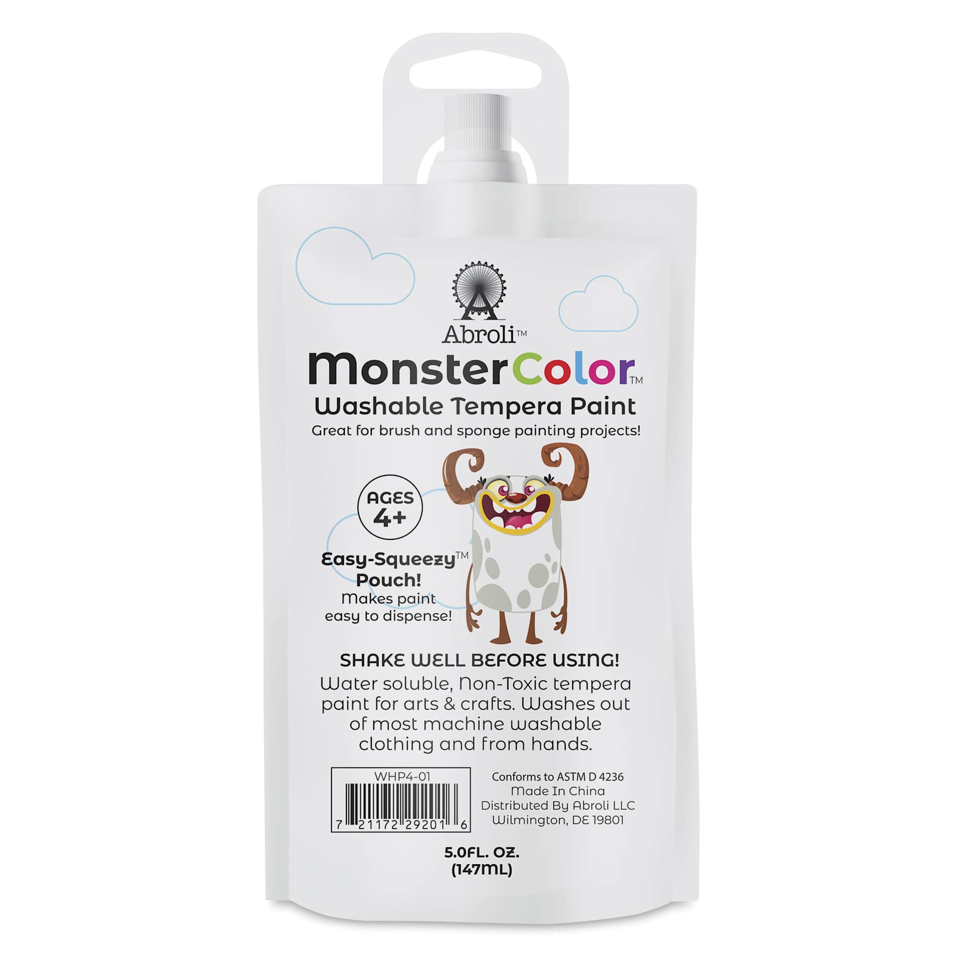 Abroli MonsterColor Washable Tempera Paint - White, 5 oz Pouch