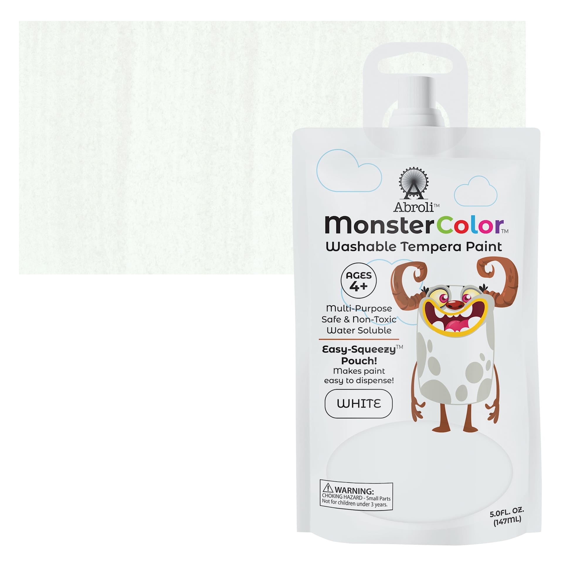 Abroli MonsterColor Washable Tempera Paint - White, 5 oz Pouch and swatch