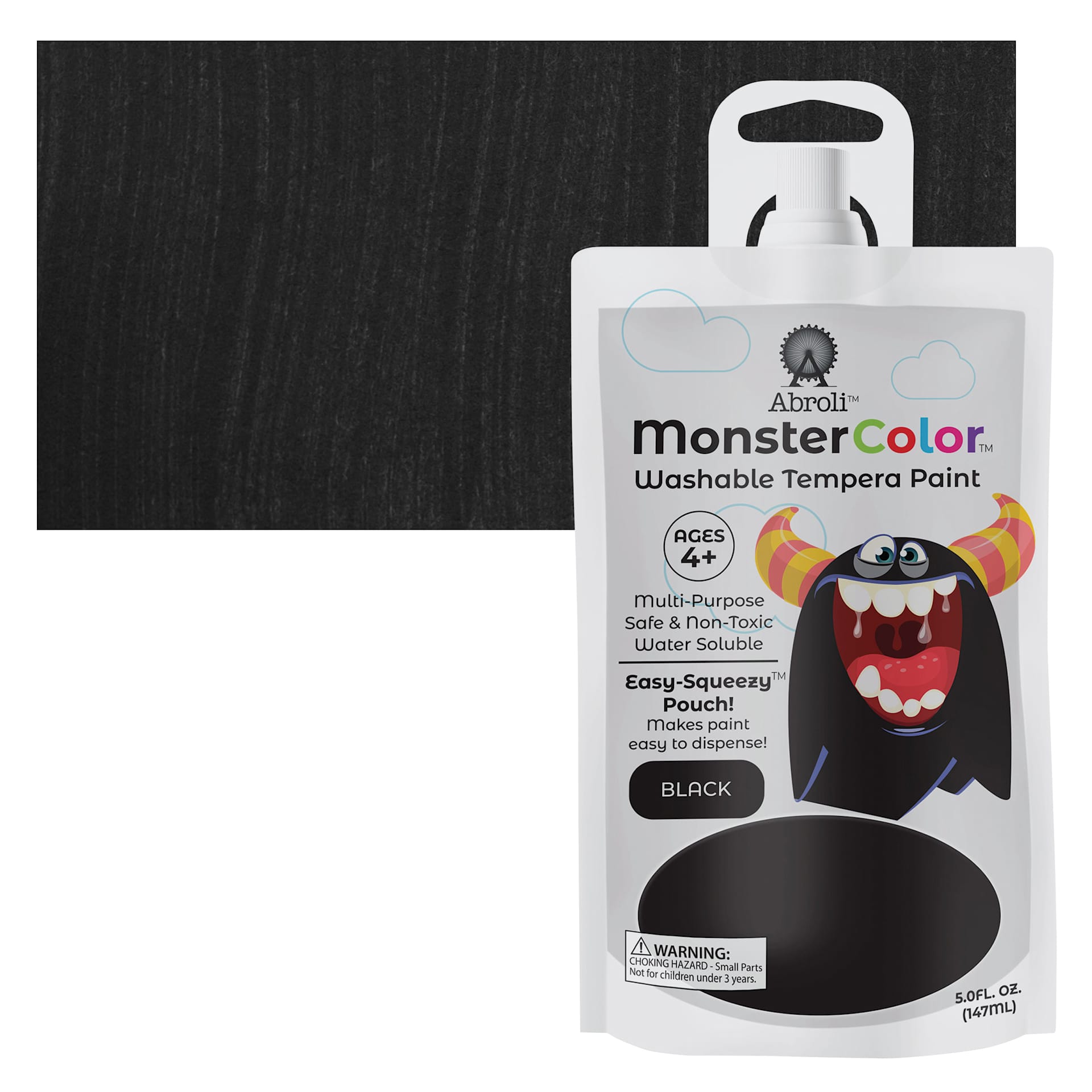 Abroli MonsterColor Washable Tempera Paint - Black, 5 oz Pouch and swatch