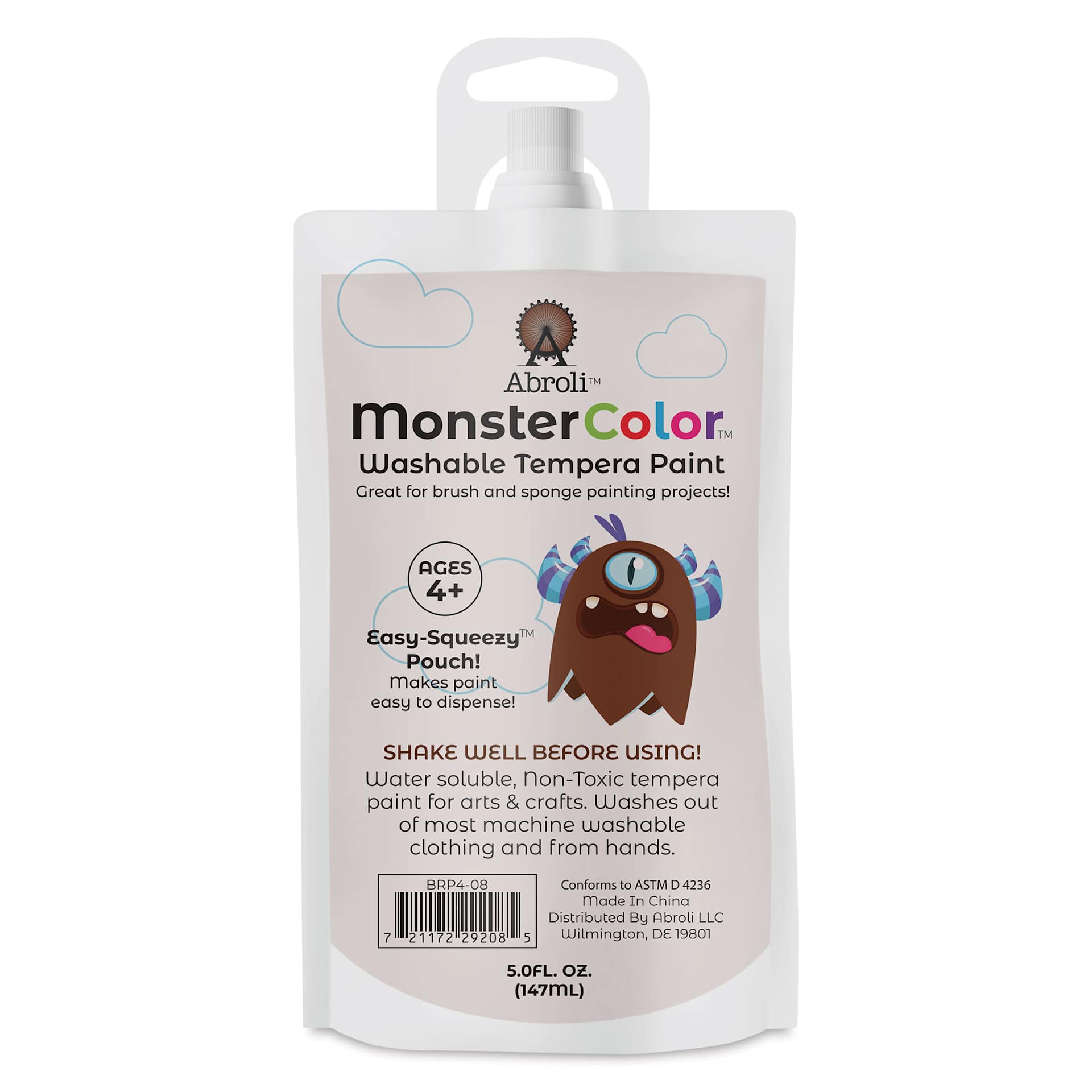 Abroli MonsterColor Washable Tempera Paint - Brown, 5 oz Pouch