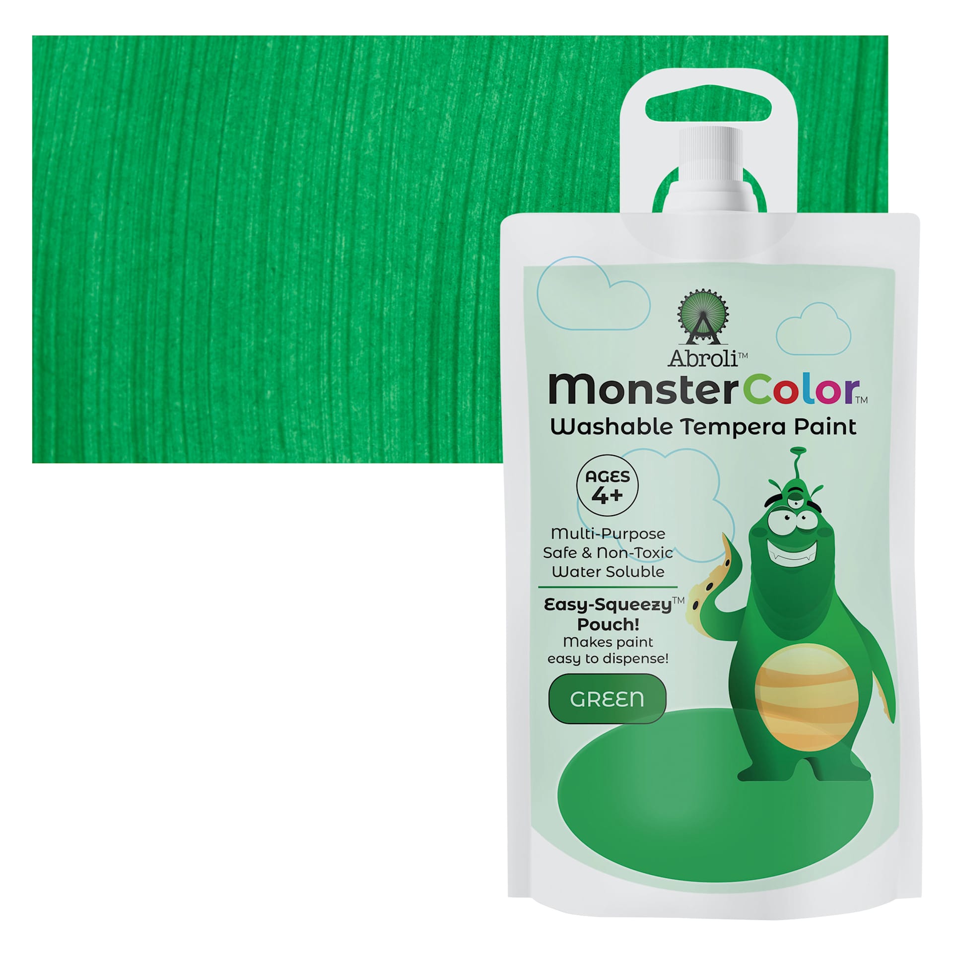 Abroli MonsterColor Washable Tempera Paint - Green, 5 oz Pouch and swatch