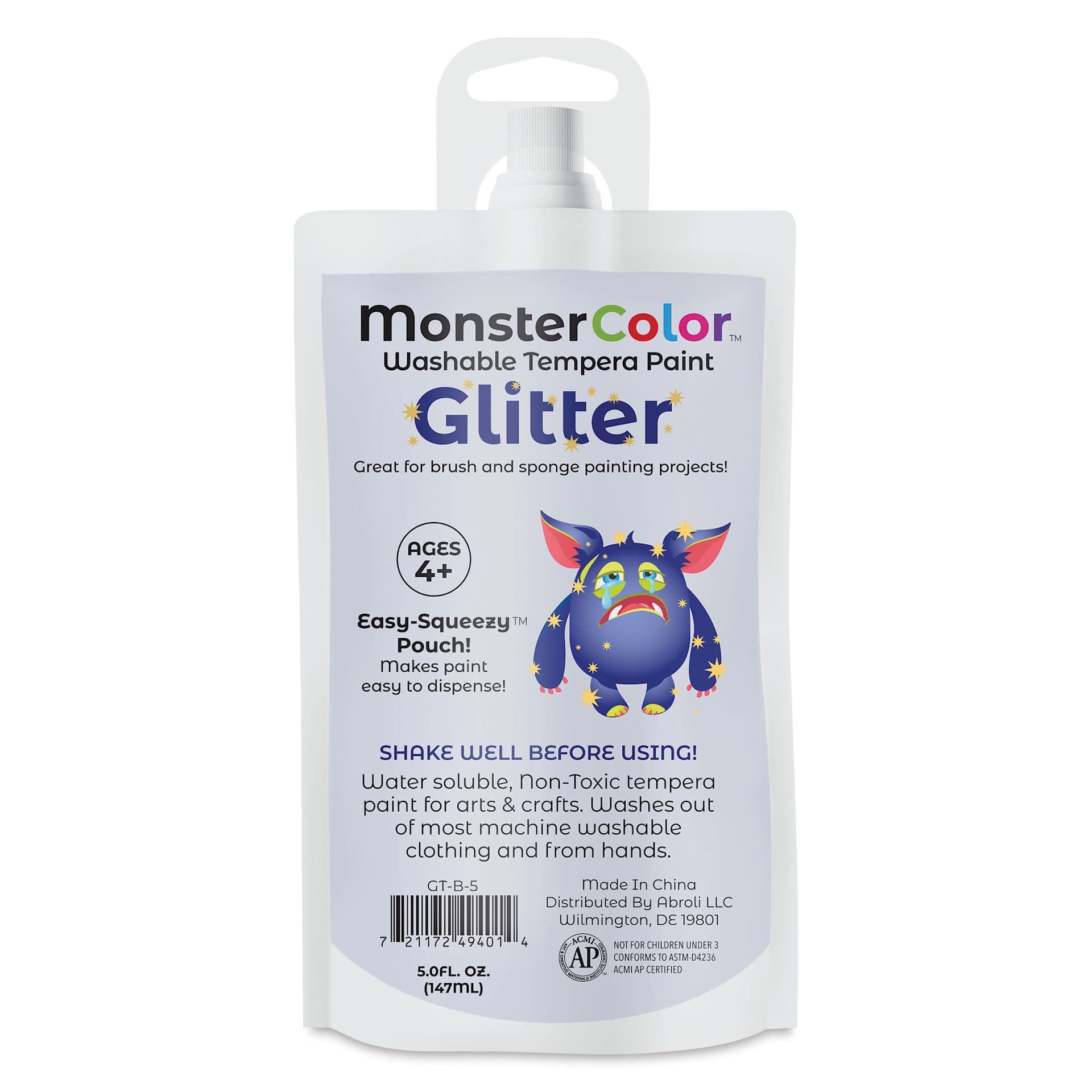 Abroli MonsterColor Washable Tempera Paint - Blue Glitter, 5 oz Pouch