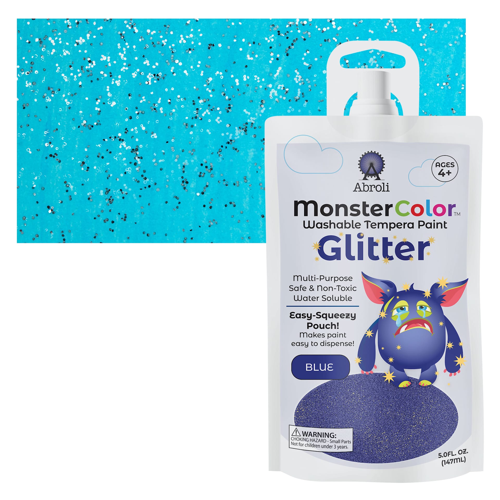 Abroli MonsterColor Washable Tempera Paint - Blue Glitter, 5 oz Pouch and swatch