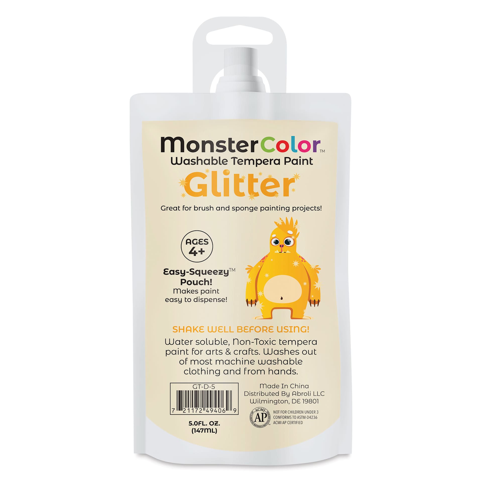 Abroli MonsterColor Washable Tempera Paint - Gold Glitter, 5 oz Pouch