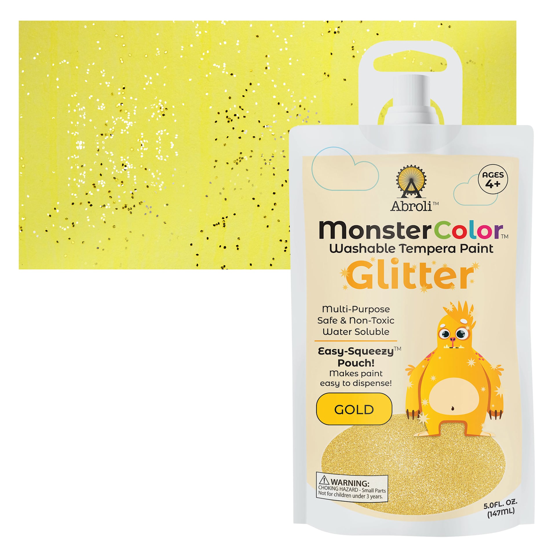 Abroli MonsterColor Washable Tempera Paint - Gold Glitter, 5 oz Pouch and swatch