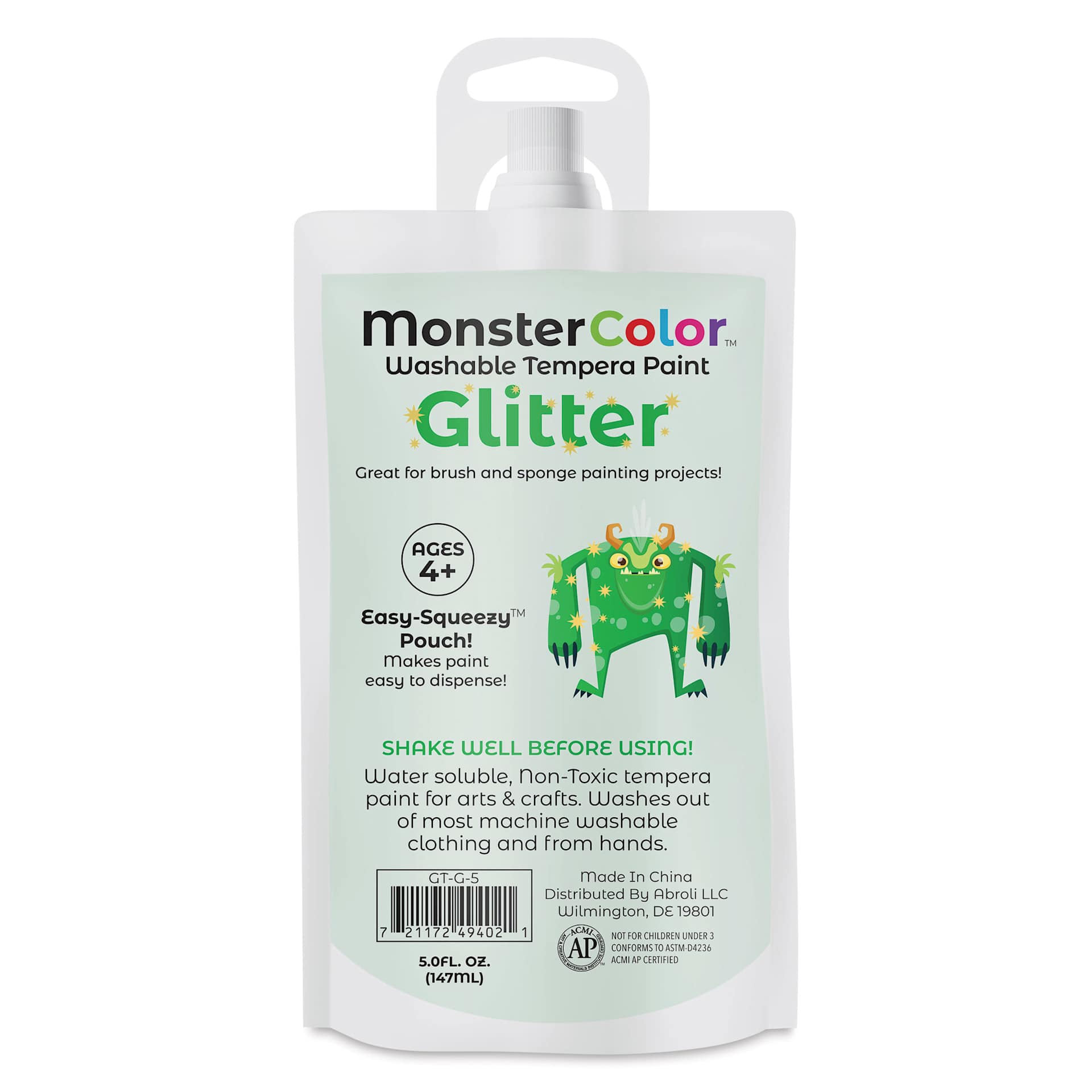Abroli MonsterColor Washable Tempera Paint - Green Glitter, 5 oz Pouch