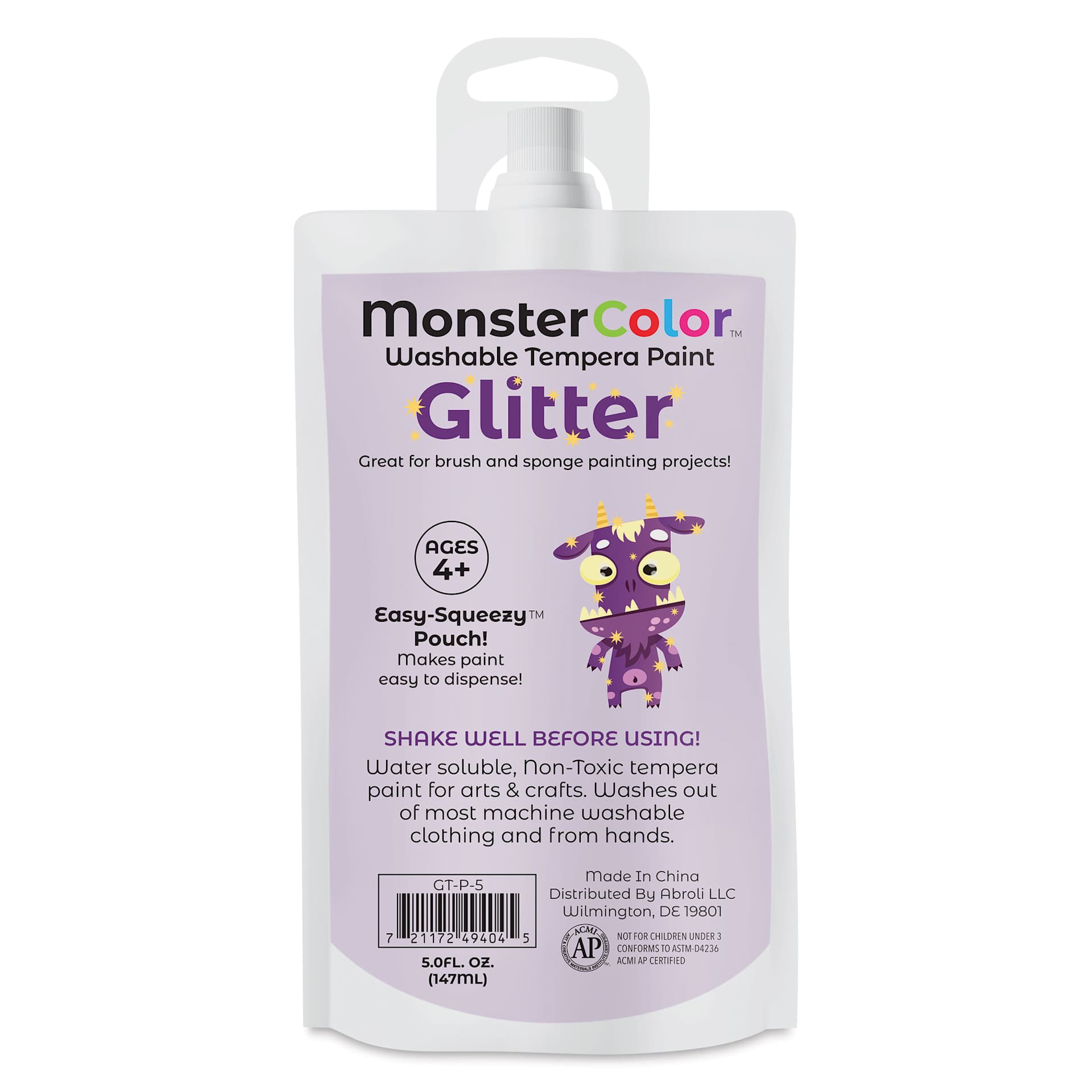 Abroli MonsterColor Washable Tempera Paint - Purple Glitter, 5 oz Pouch