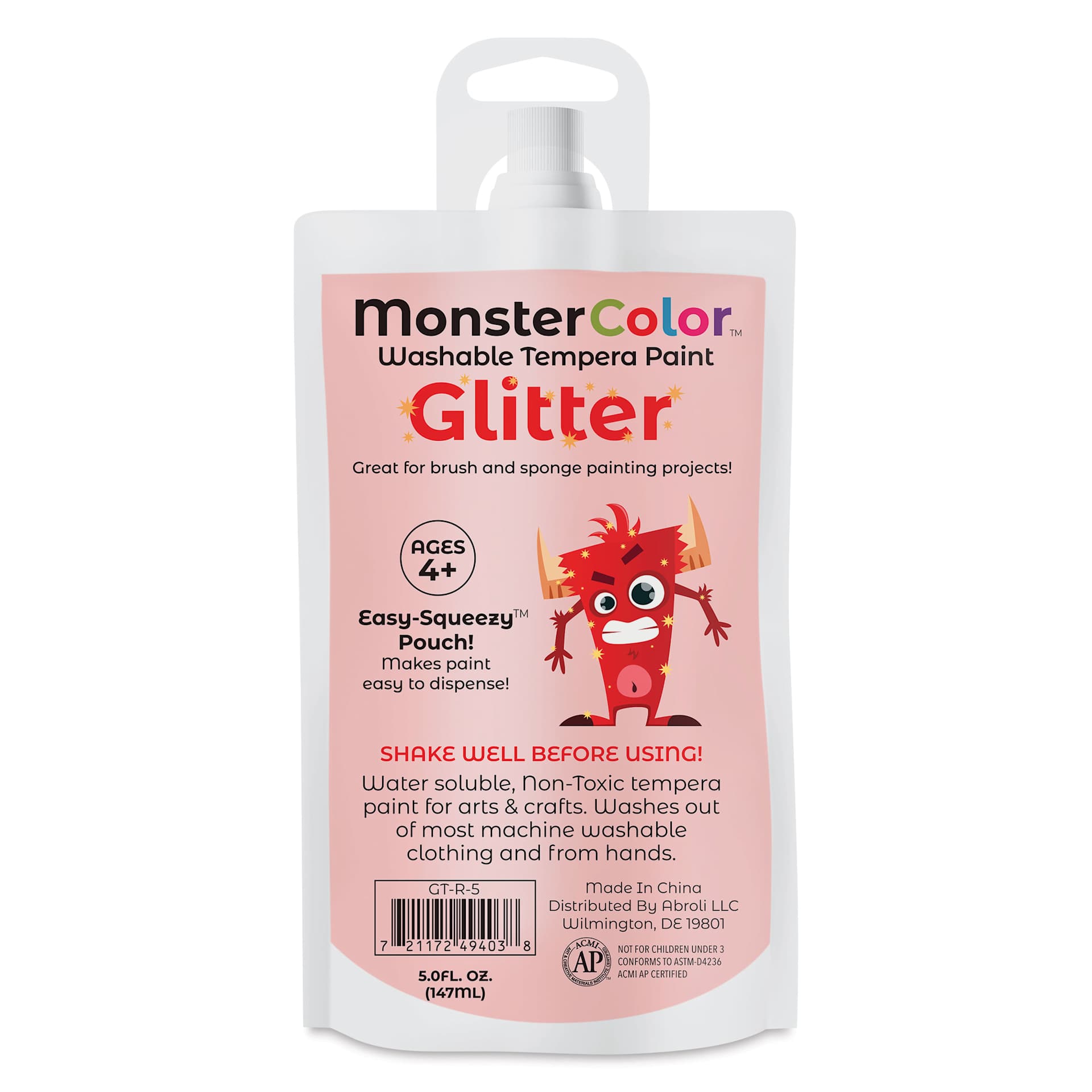 Abroli MonsterColor Washable Tempera Paint - Red Glitter, 5 oz Pouch