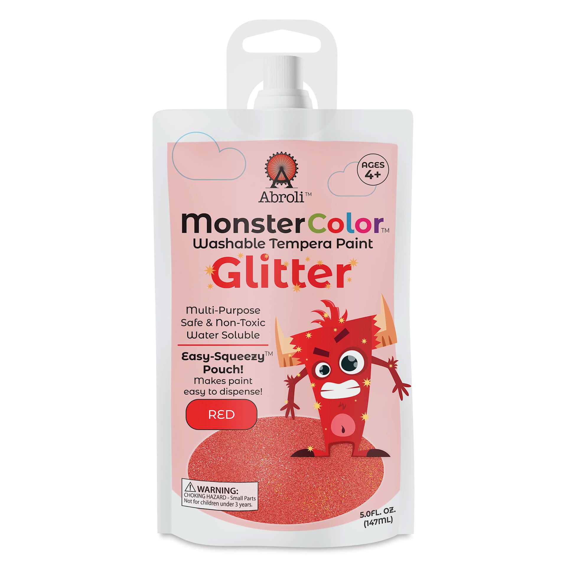 Abroli MonsterColor Washable Tempera Paint - Red Glitter, 5 oz Pouch, front