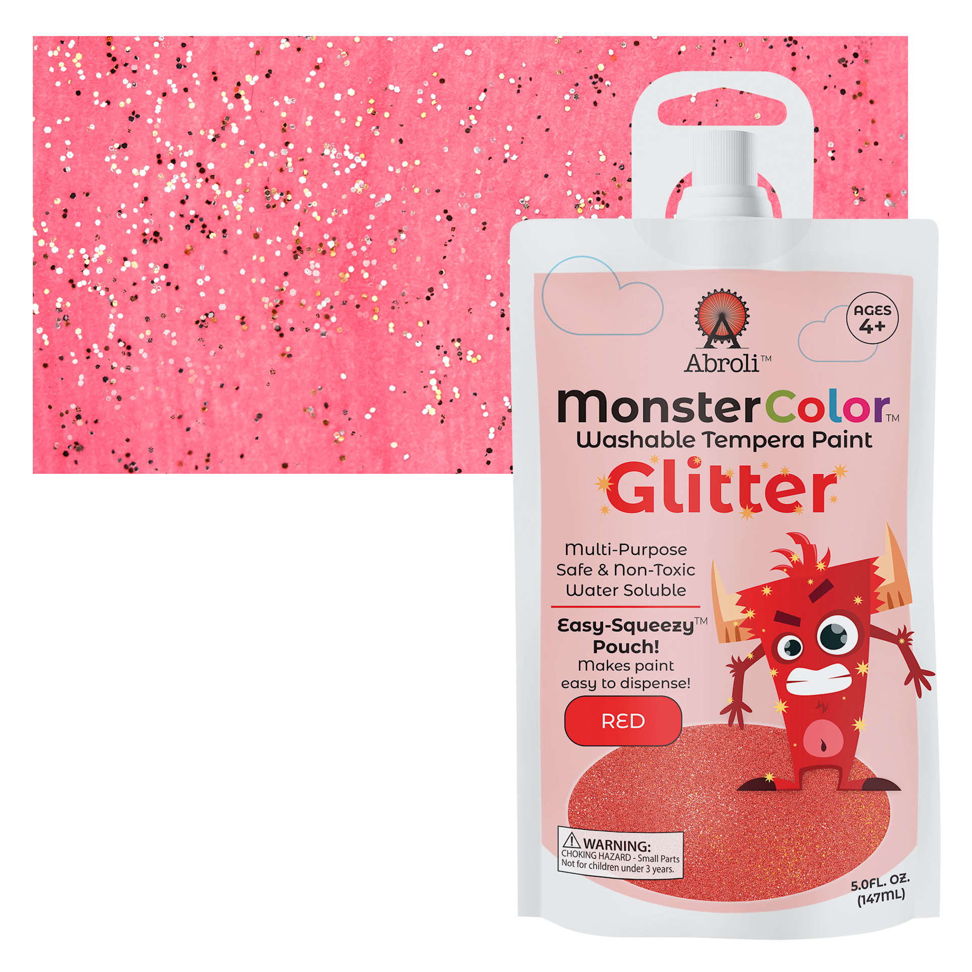 Abroli MonsterColor Washable Tempera Paint - Red Glitter, 5 oz Pouch and swatch