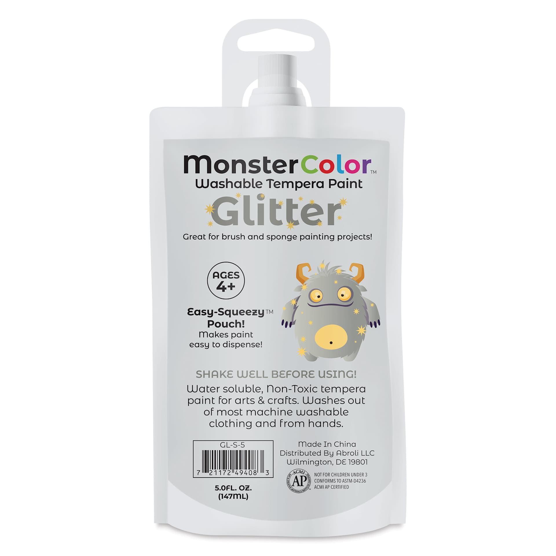 Abroli MonsterColor Washable Tempera Paint - Silver Glitter, 5 oz Pouch