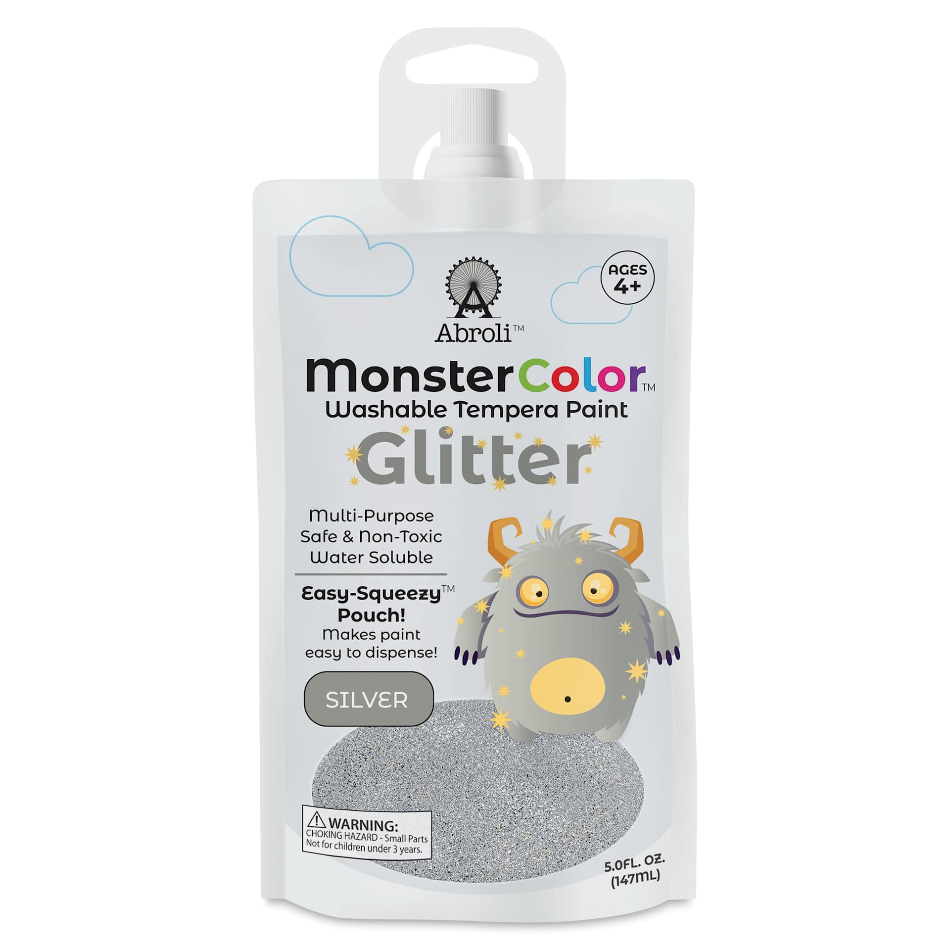 Abroli MonsterColor Washable Tempera Paint - Silver Glitter, 5 oz Pouch, front