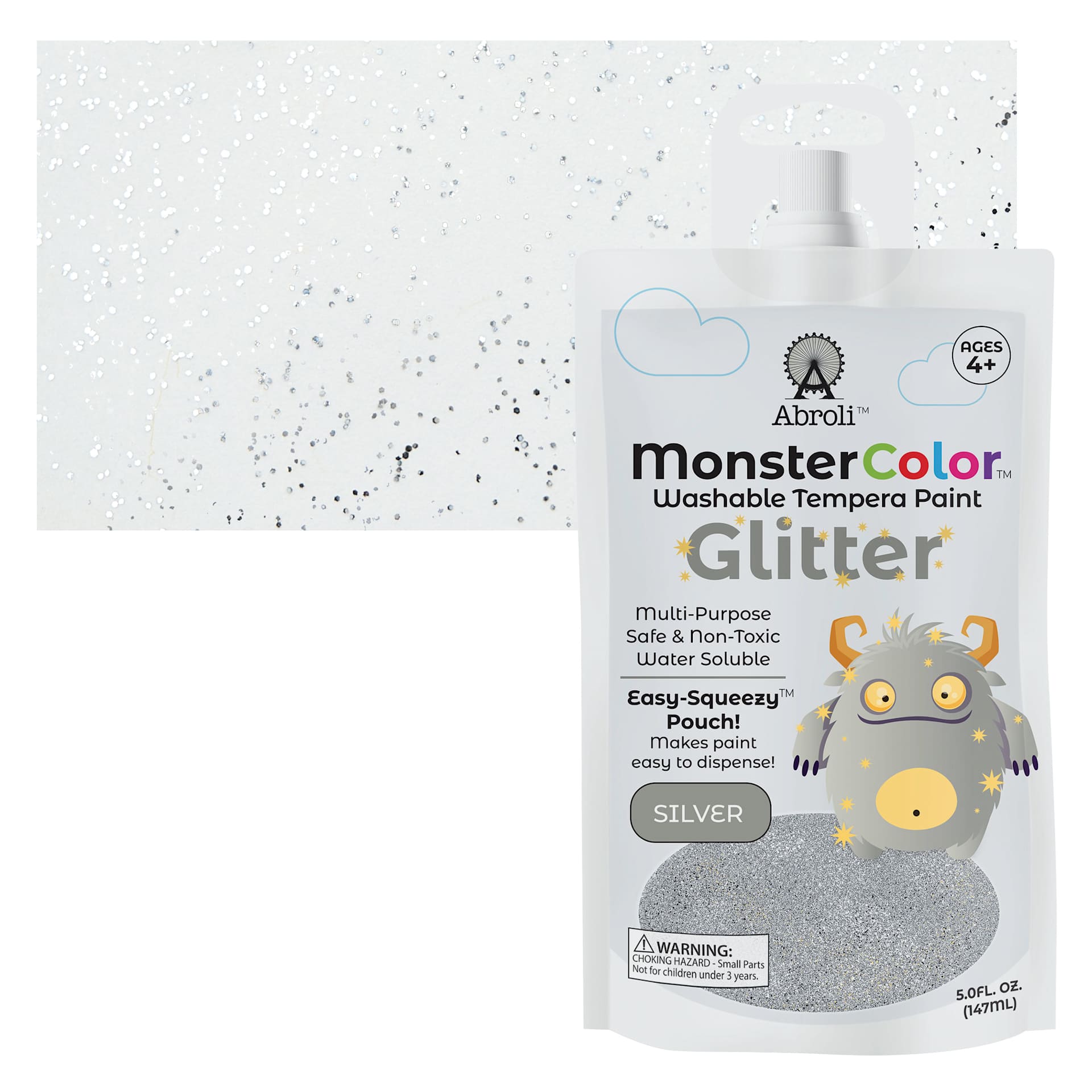 Abroli MonsterColor Washable Tempera Paint - Silver Glitter, 5 oz Pouch and swatch