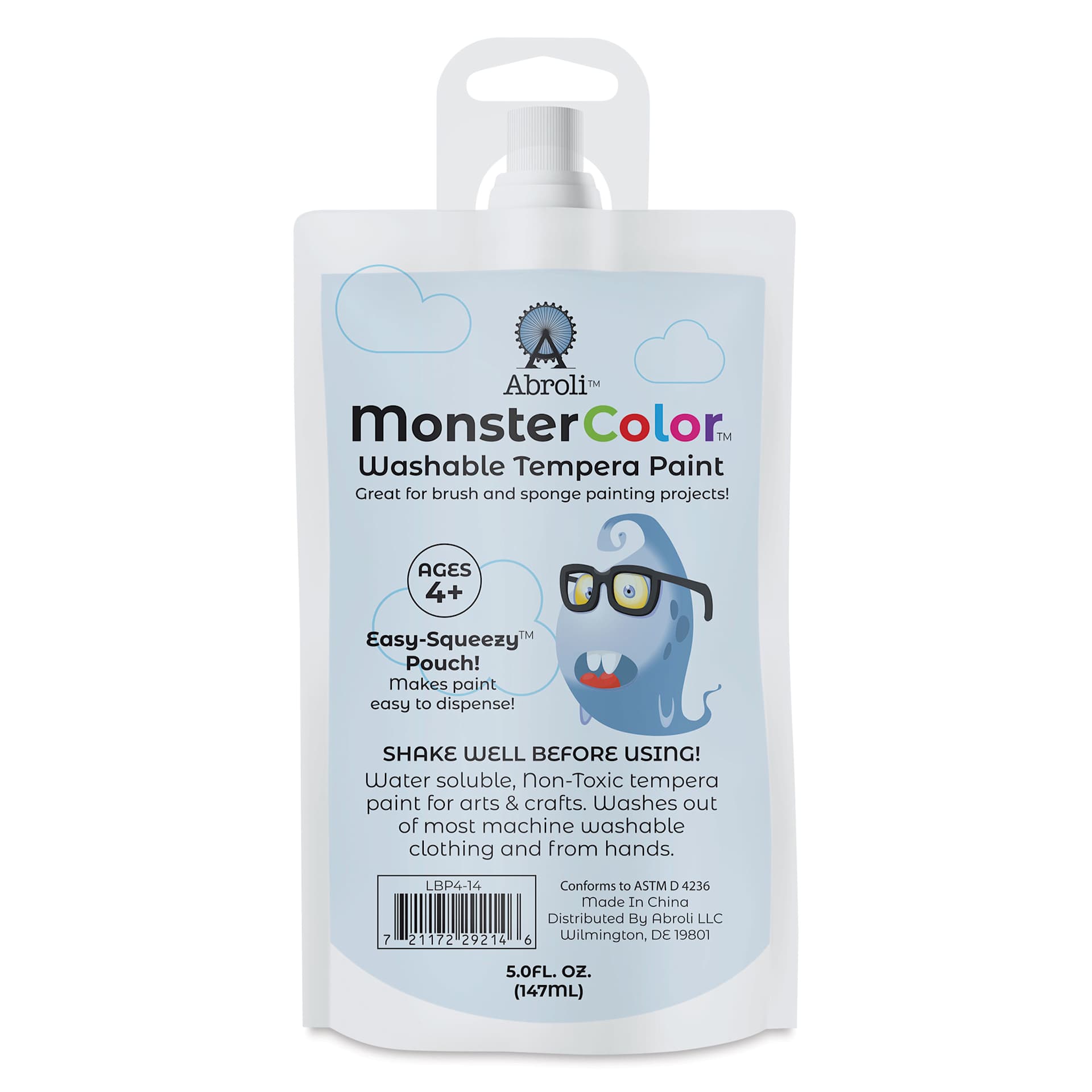 Abroli MonsterColor Washable Tempera Paint - Light Blue, 5 oz Pouch
