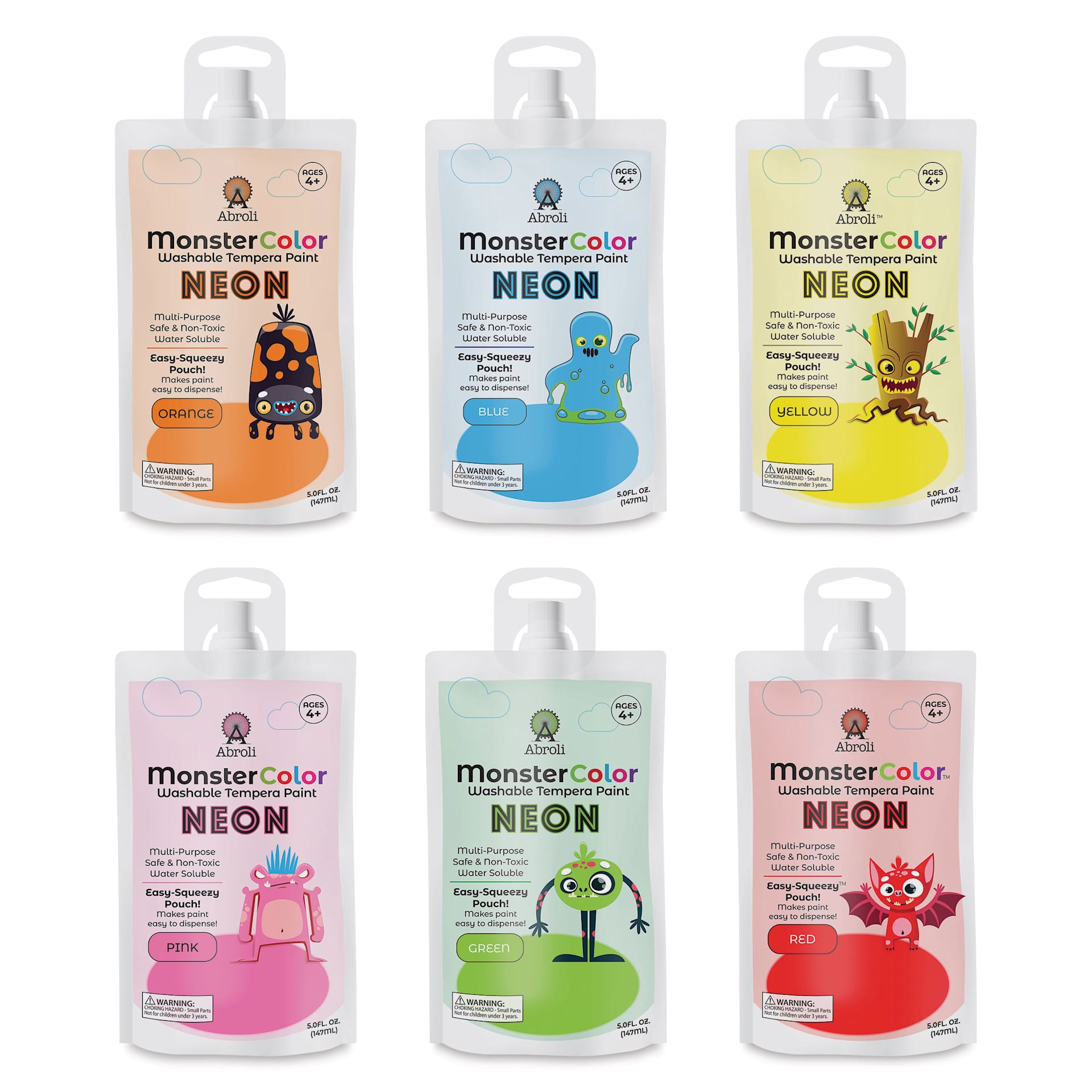 Abroli MonsterColor Washable Tempera Paint and Sets - Set of 8, Neon, six colors out of packaging