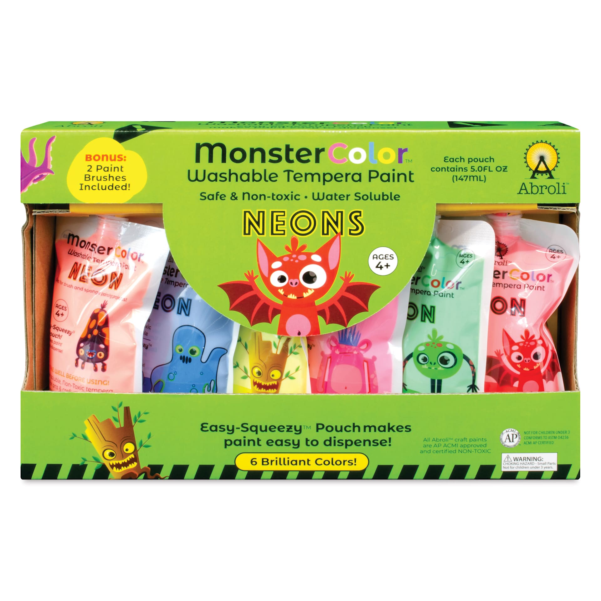 Abroli MonsterColor Washable Tempera Paint and Sets - Set of 8, Neon Colors
