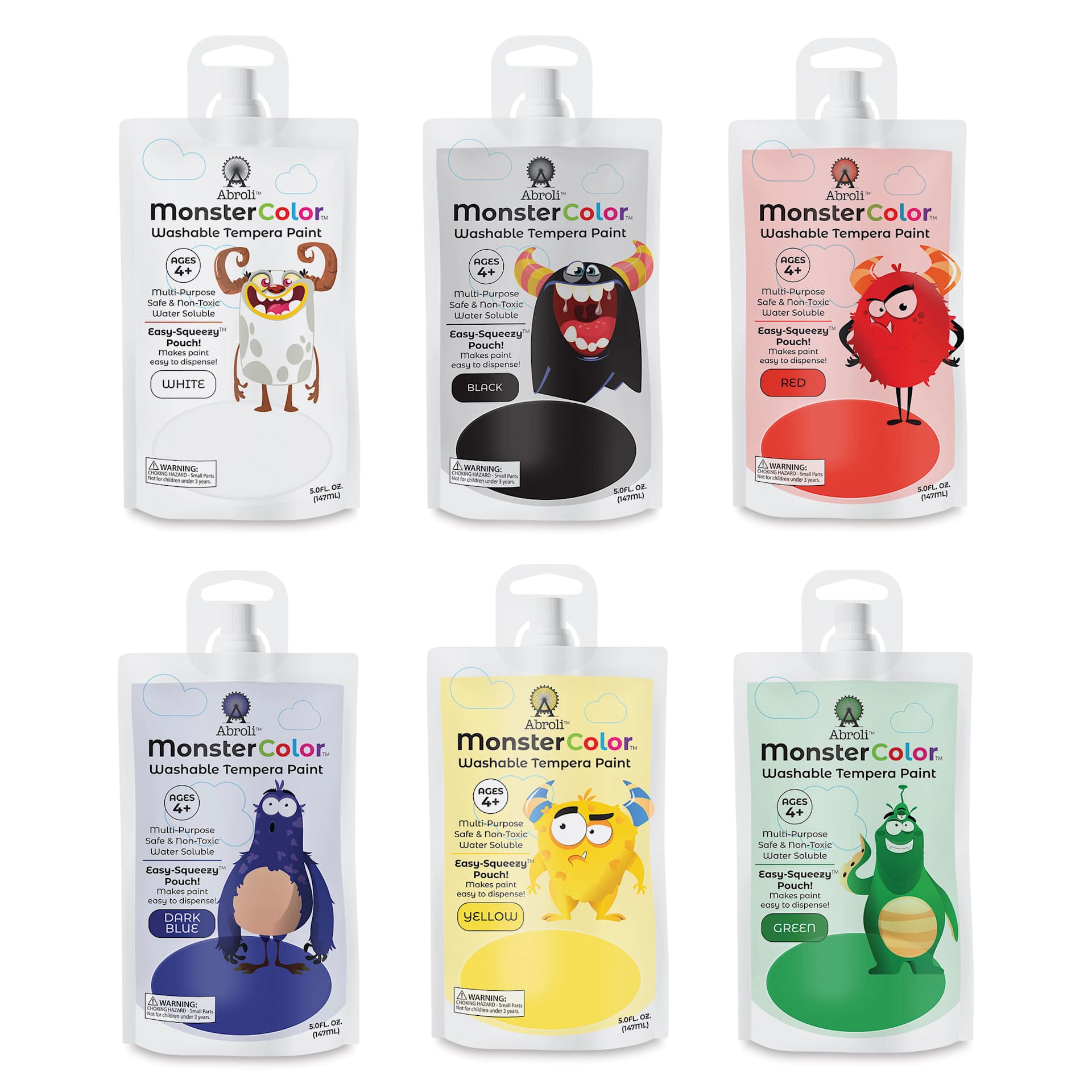 Abroli MonsterColor Washable Tempera Paint and Sets - Set of 8, Assorted, 6 colors out of packaging