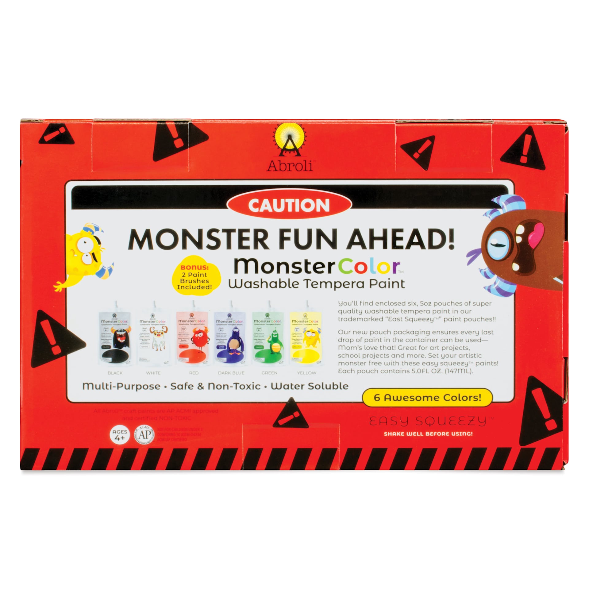Abroli MonsterColor Washable Tempera Paint and Sets - Set of 8, Assorted, back of packaging
