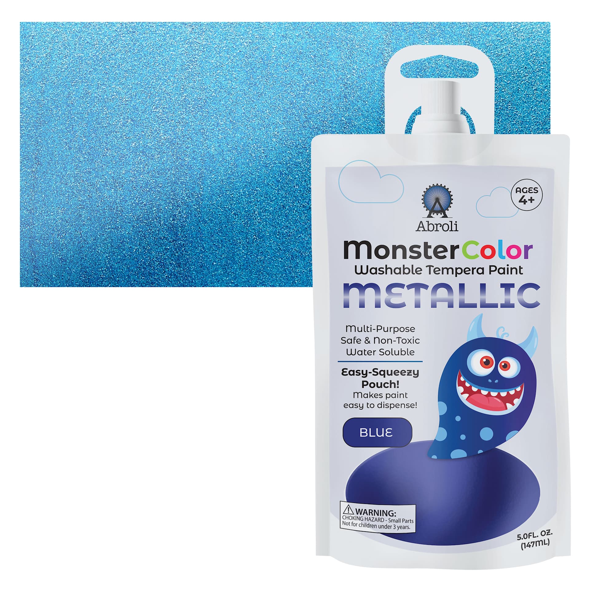 Abroli MonsterColor Washable Tempera Paint - Metallic Blue, 5 oz Pouch and swatch