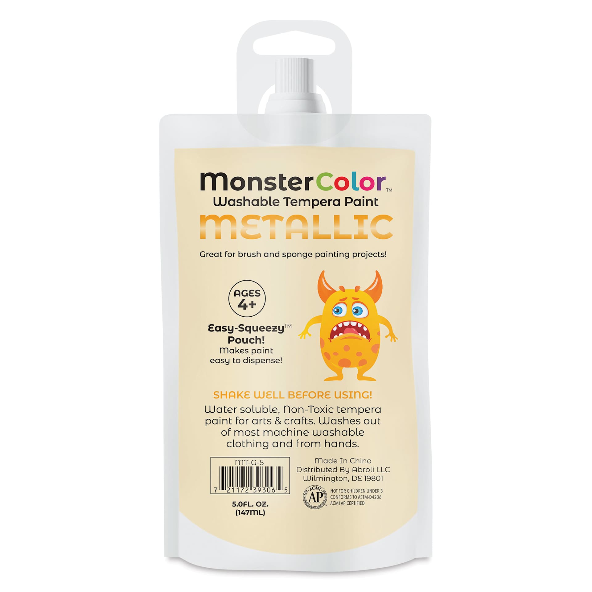 Abroli MonsterColor Washable Tempera Paint - Metallic Gold, 5 oz Pouch