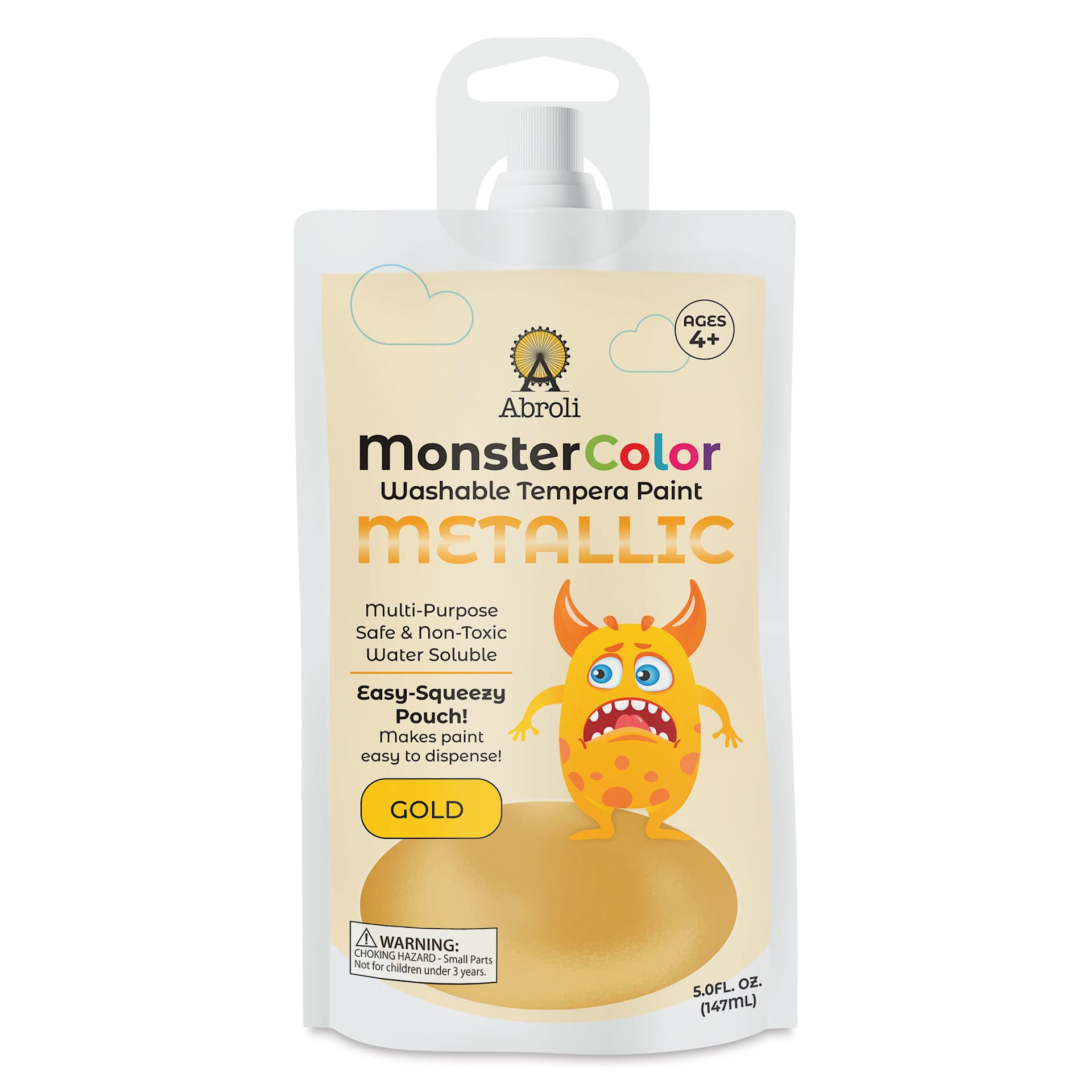 Abroli MonsterColor Washable Tempera Paint - Metallic Gold, 5 oz Pouch, front
