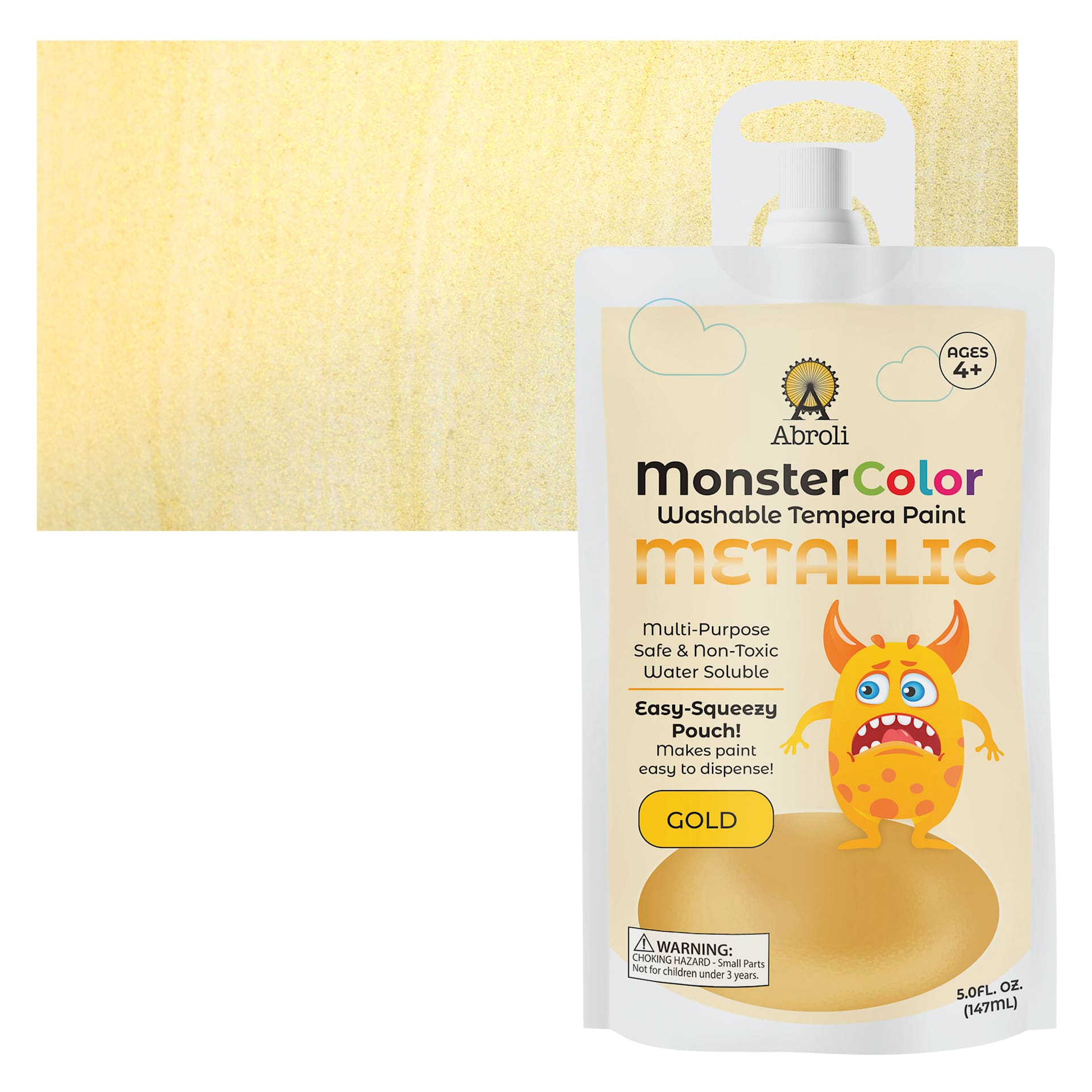 Abroli MonsterColor Washable Tempera Paint - Metallic Gold, 5 oz Pouch and swatch