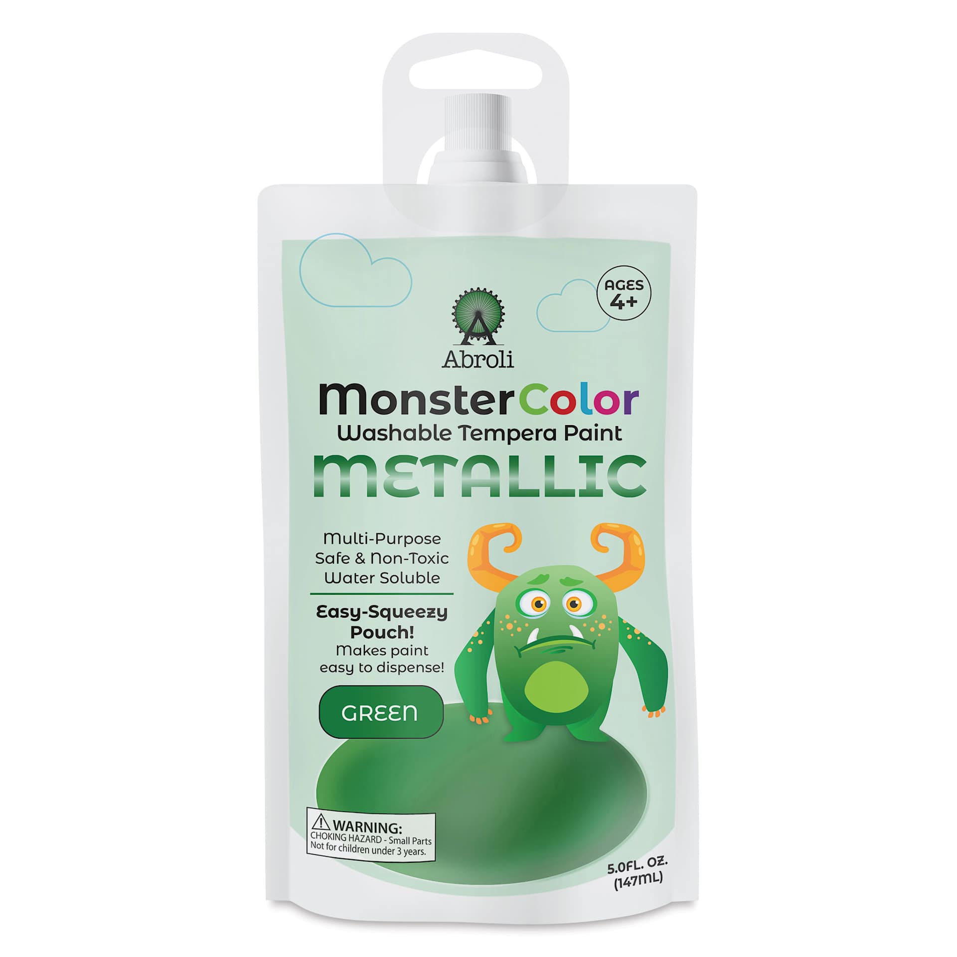 Abroli MonsterColor Washable Tempera Paint - Metallic Green, 5 oz Pouch, front