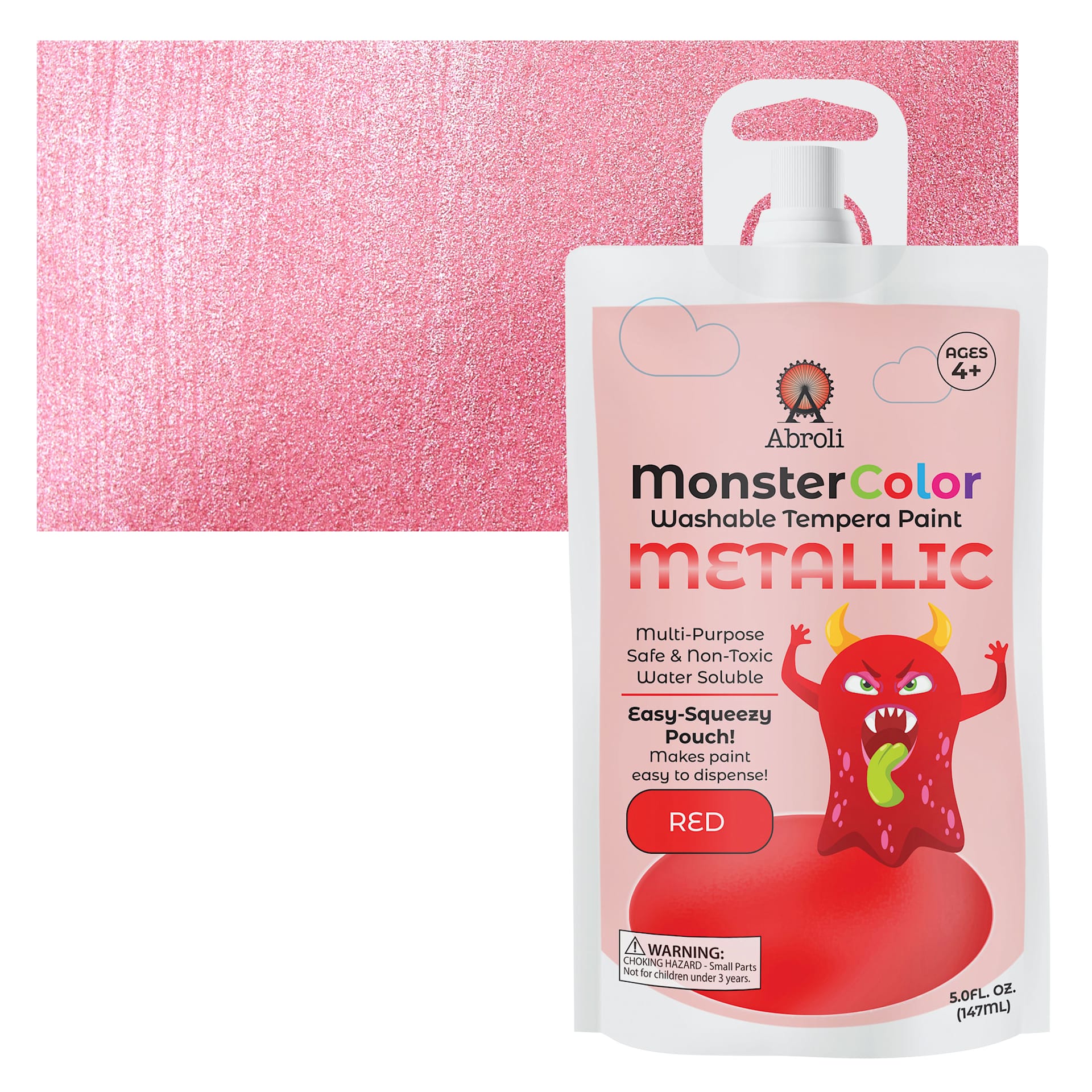 Abroli MonsterColor Washable Tempera Paint - Metallic Red, 5 oz Pouch and swatch