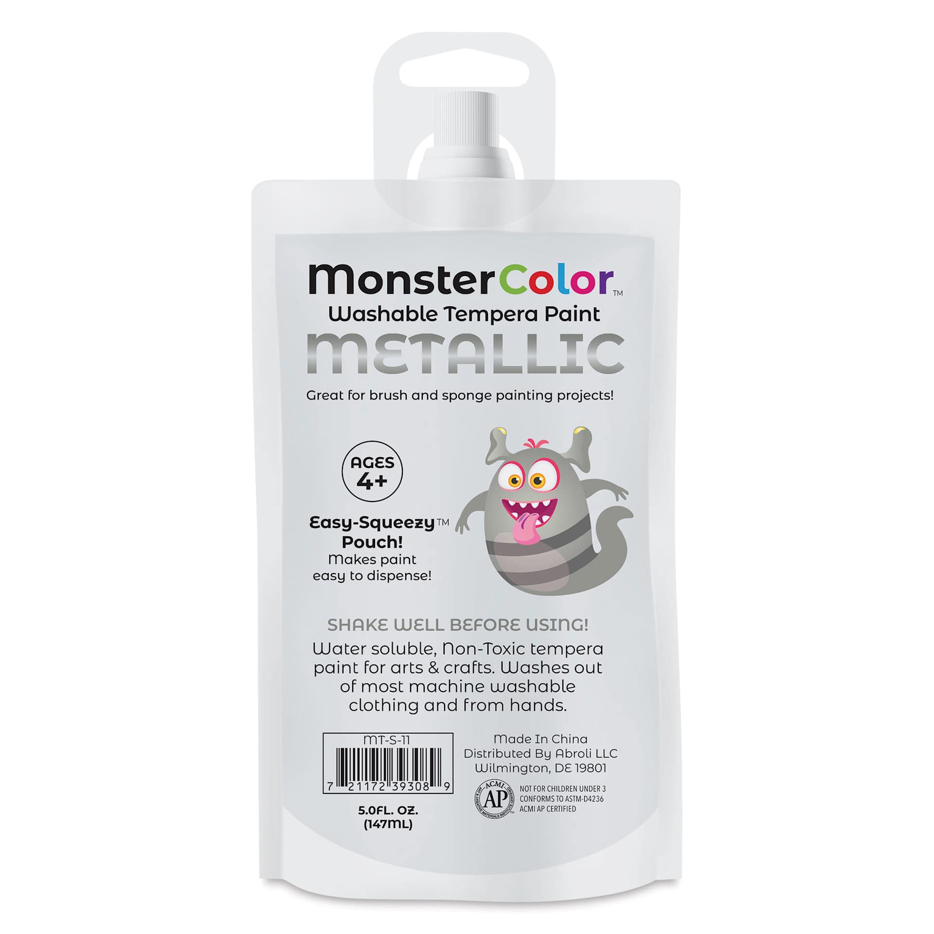 Abroli MonsterColor Washable Tempera Paint - Metallic Silver, 5 oz Pouch