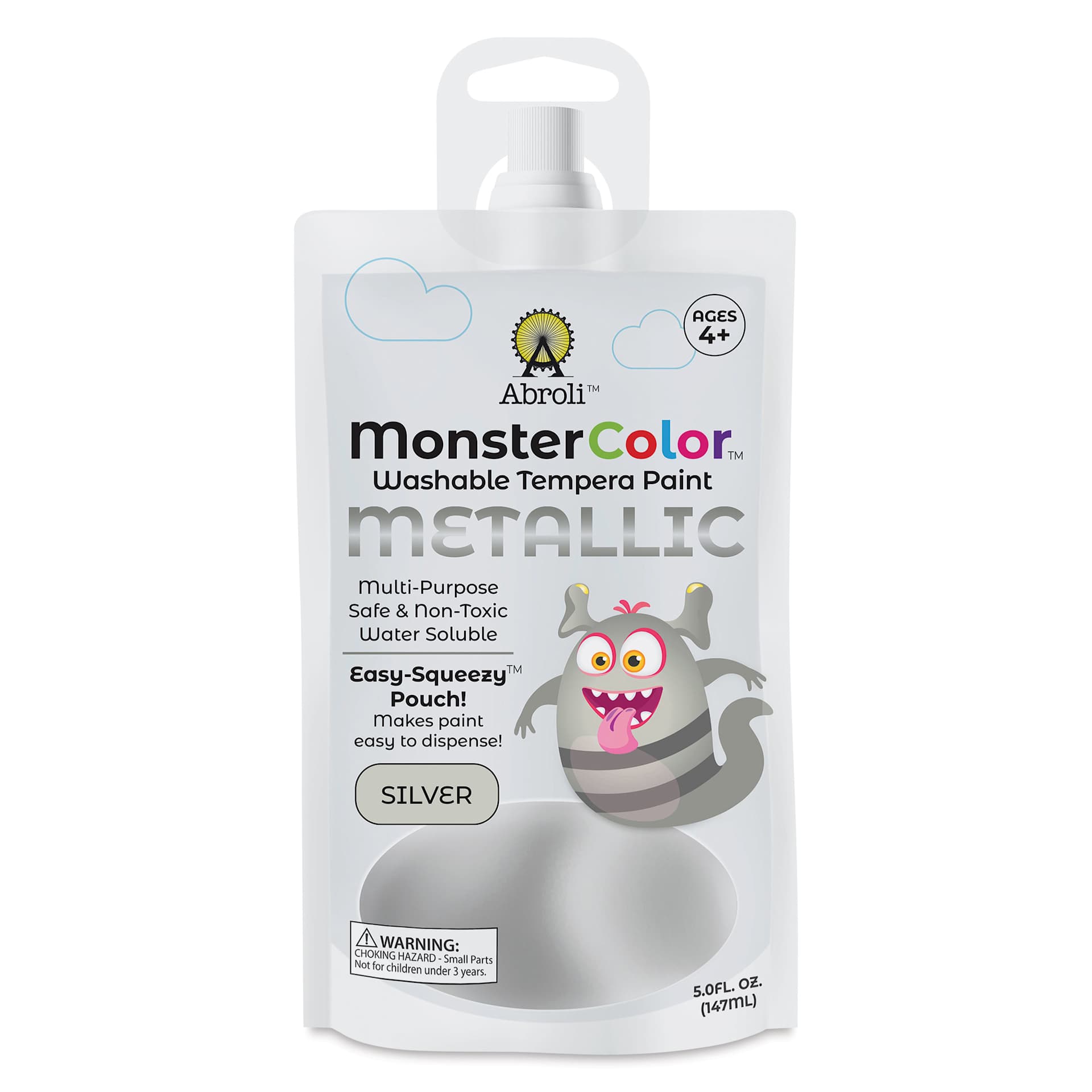 Abroli MonsterColor Washable Tempera Paint - Metallic Silver, 5 oz Pouch, front