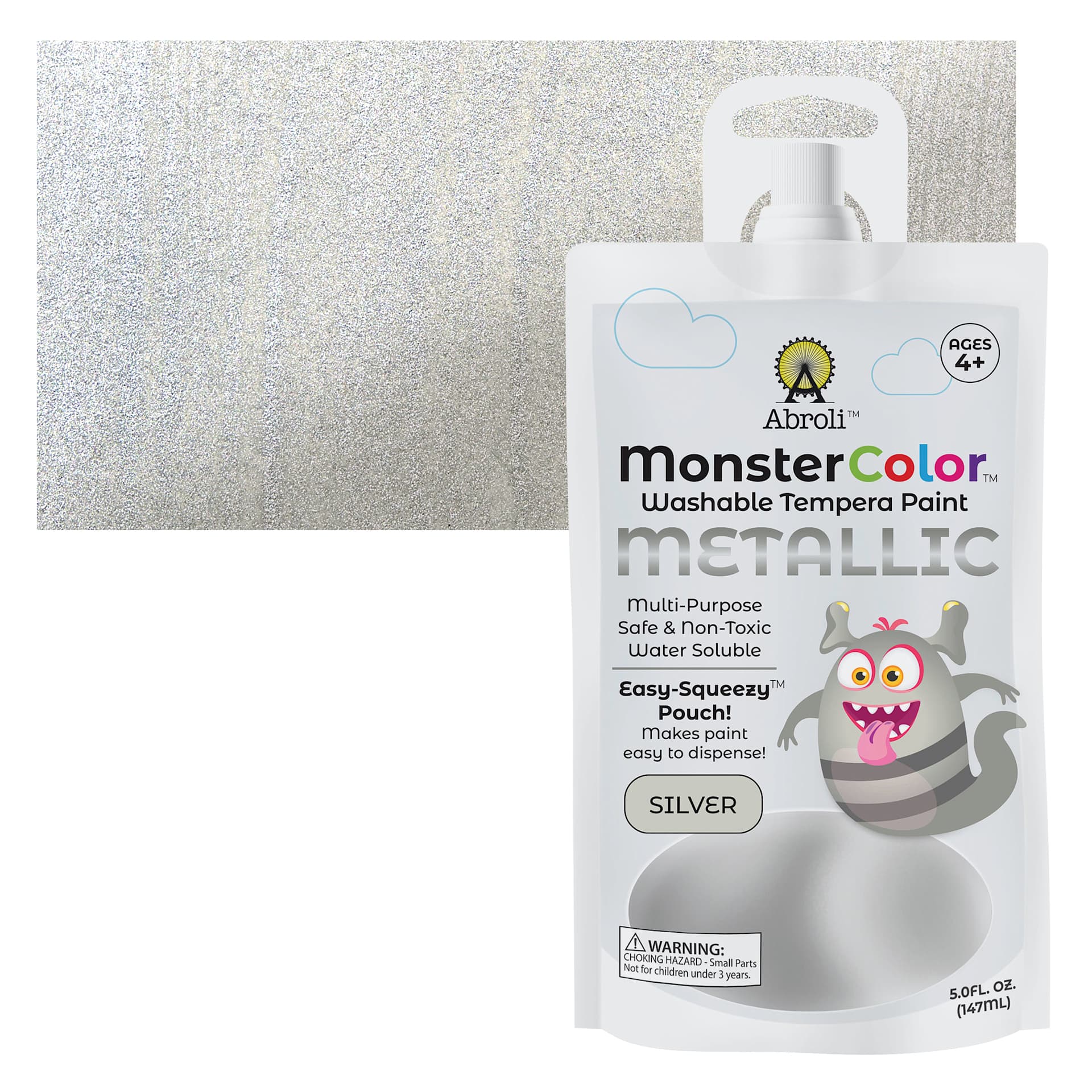 Abroli MonsterColor Washable Tempera Paint - Metallic Silver, 5 oz Pouch and swatch