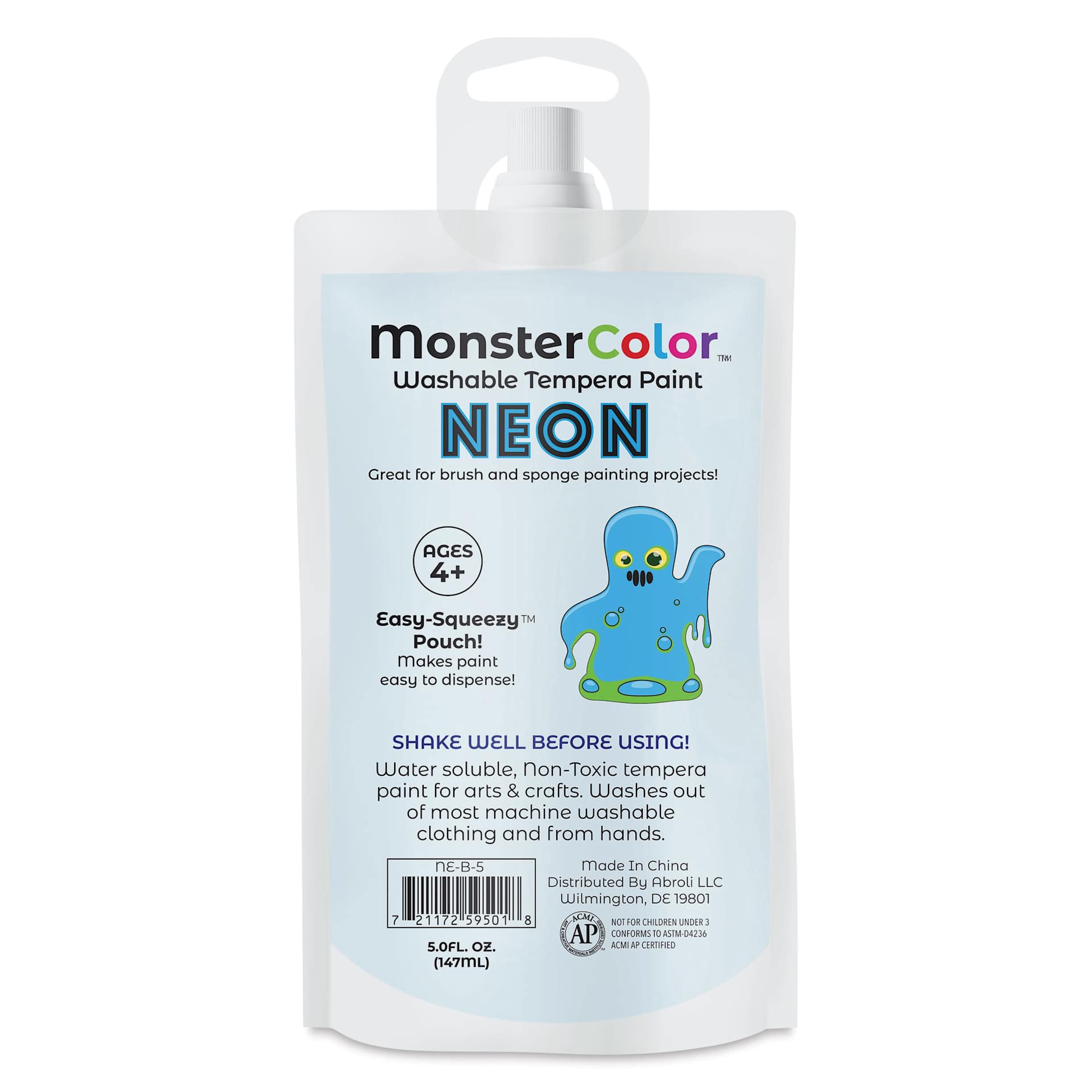 Abroli MonsterColor Washable Tempera Paint - Neon Blue, 5 oz Pouch