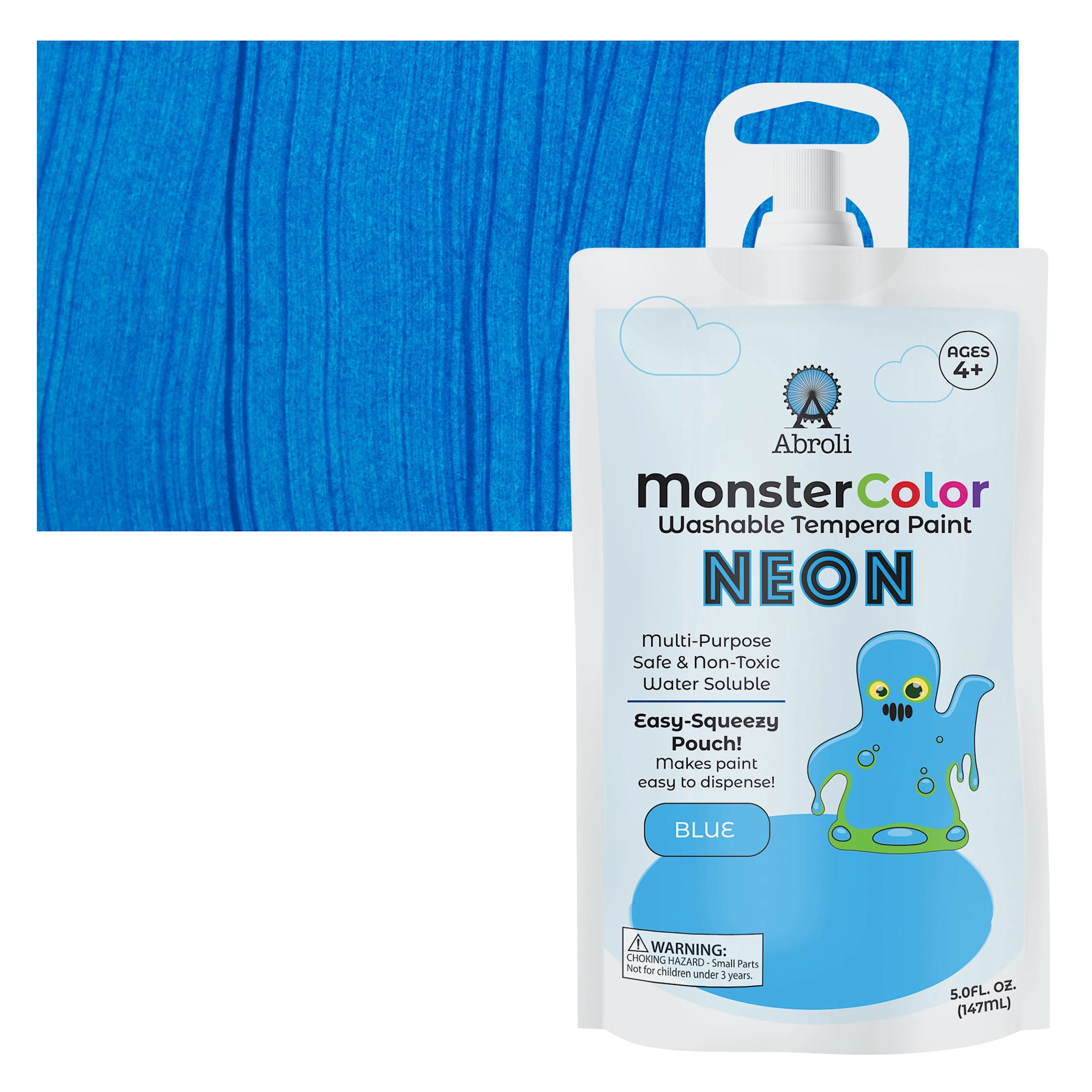Abroli MonsterColor Washable Tempera Paint - Neon Blue, 5 oz Pouch and swatch