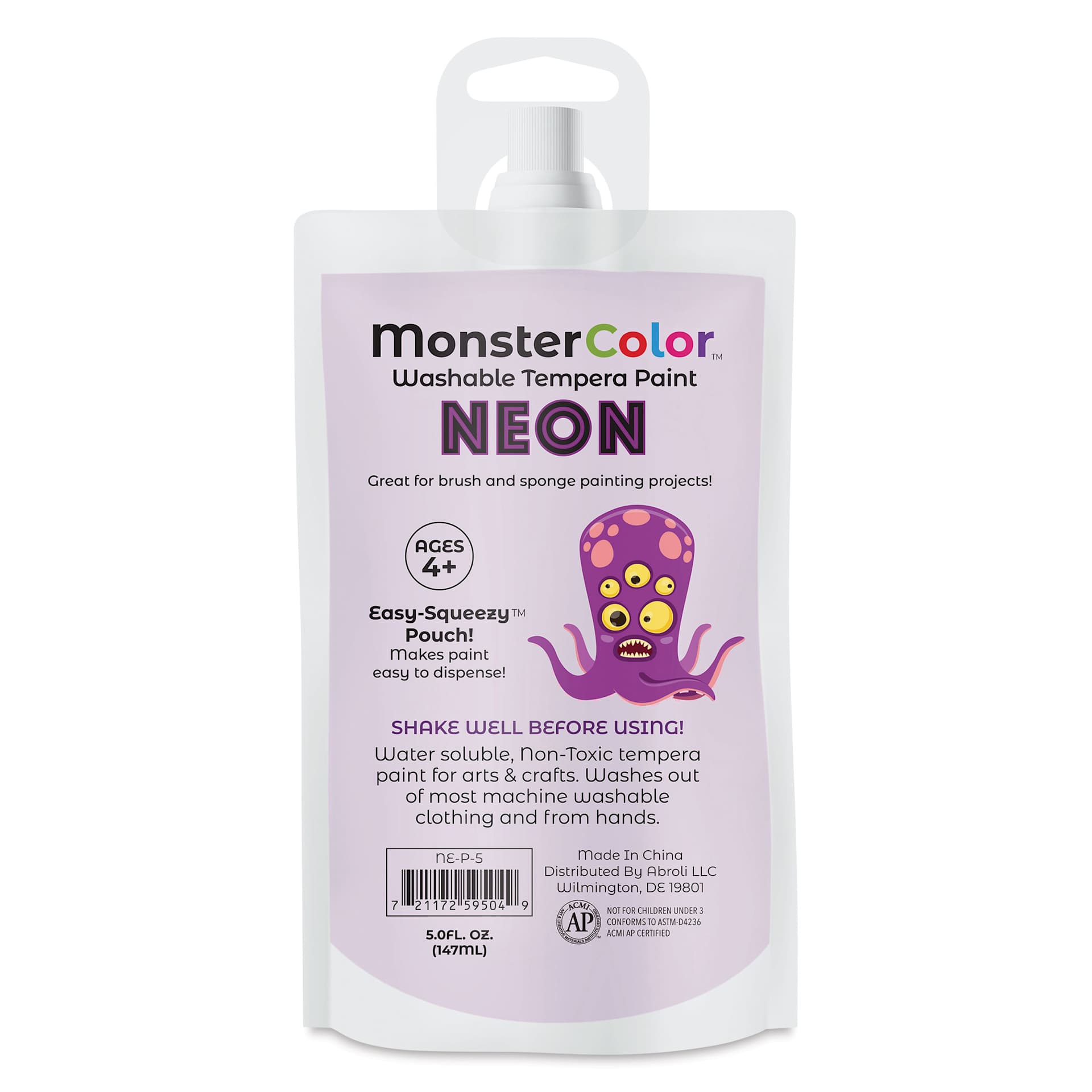 Abroli MonsterColor Washable Tempera Paint - Neon Purple, 5 oz Pouch