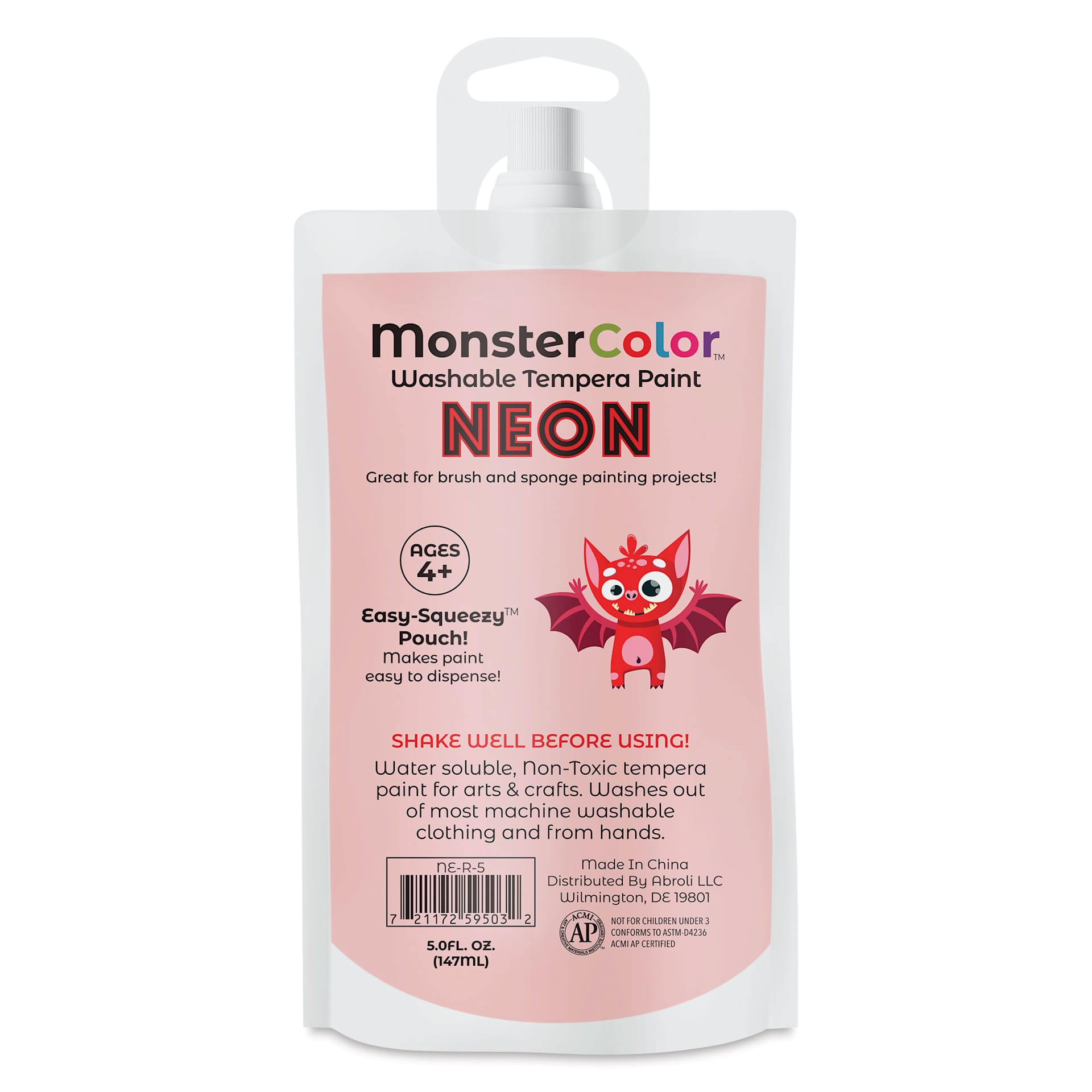 Abroli MonsterColor Washable Tempera Paint - Neon Red, 5 oz Pouch