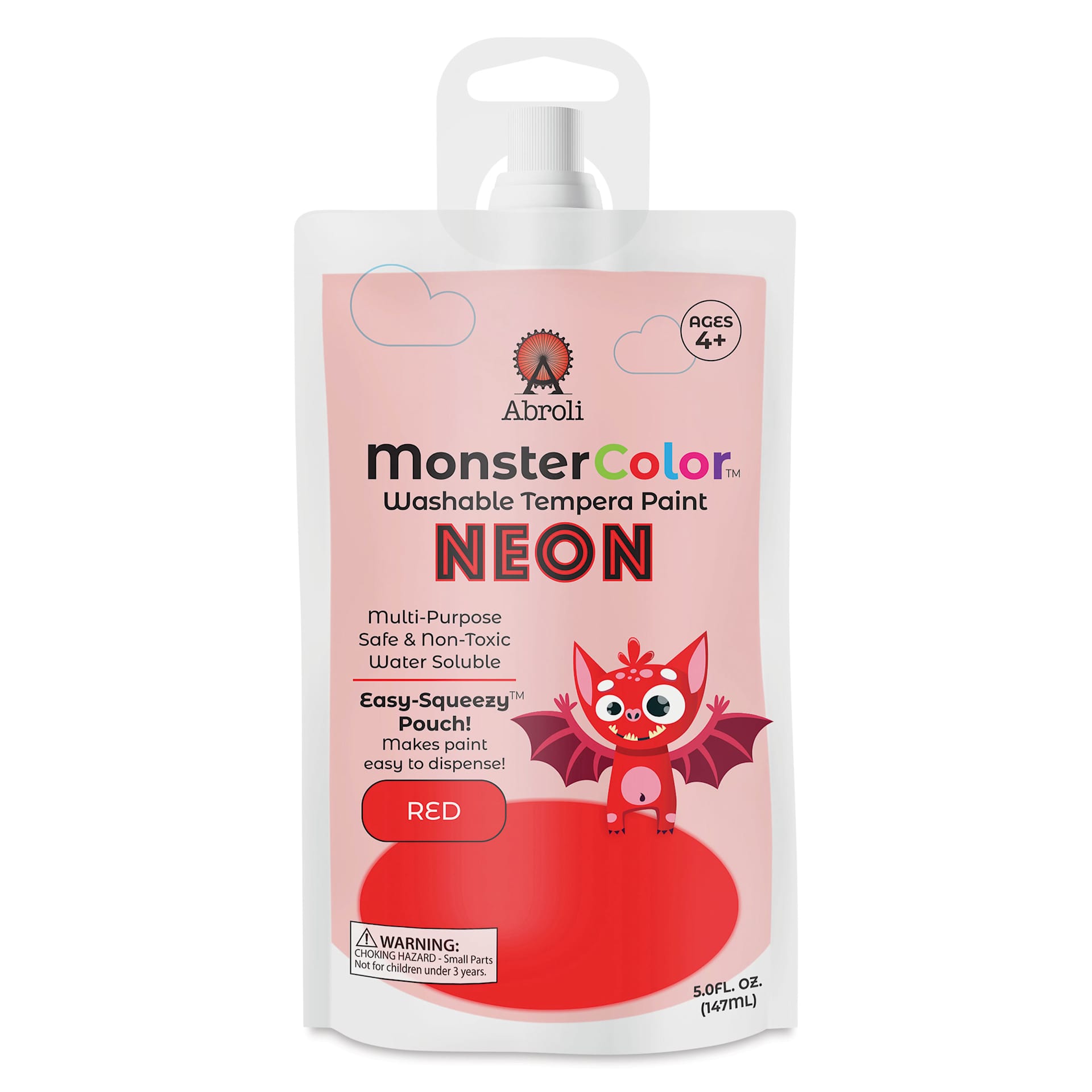 Abroli MonsterColor Washable Tempera Paint - Neon Red, 5 oz Pouch, front