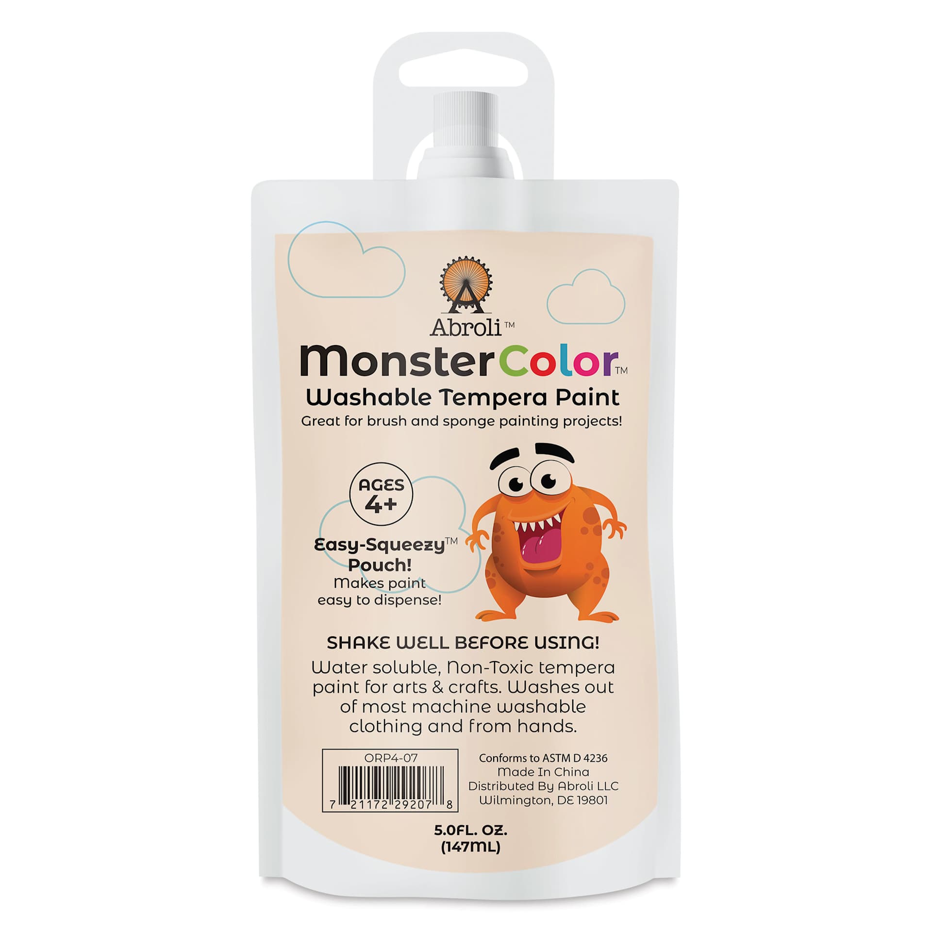 Abroli MonsterColor Washable Tempera Paint - Orange, 5 oz Pouch