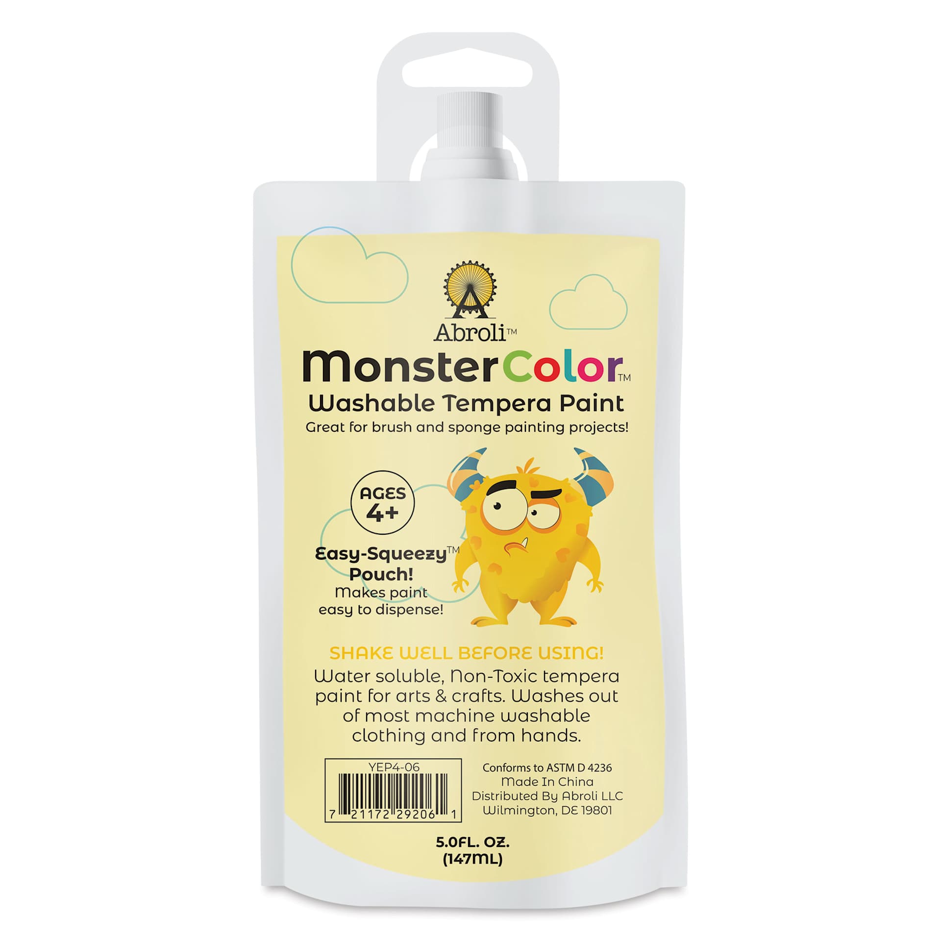 Abroli MonsterColor Washable Tempera Paint - Yellow, 5 oz Pouch