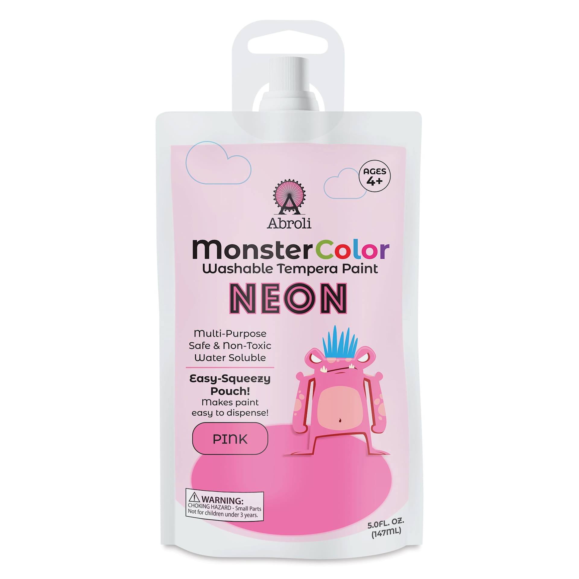 Abroli MonsterColor Washable Tempera Paint - Neon Pink, 5 oz Pouch, front