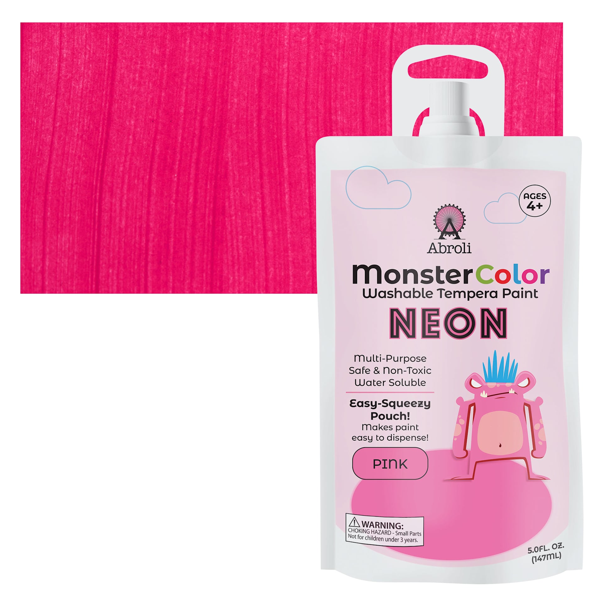 Abroli MonsterColor Washable Tempera Paint - Neon Pink, 5 oz Pouch and swatch