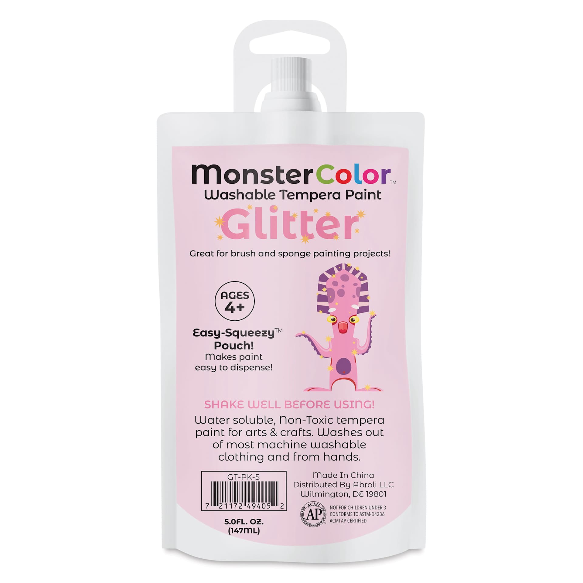 Abroli MonsterColor Washable Tempera Paint - Pink Glitter, 5 oz Pouch
