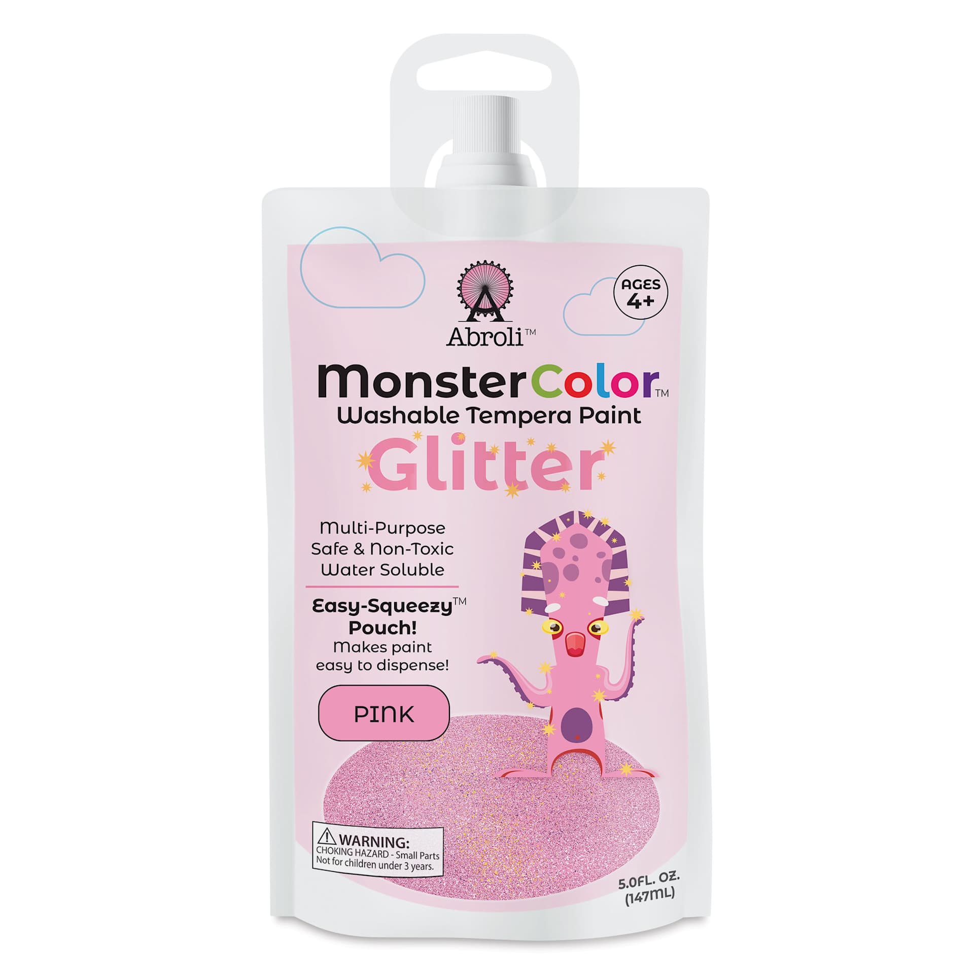Abroli MonsterColor Washable Tempera Paint - Pink Glitter, 5 oz Pouch, front