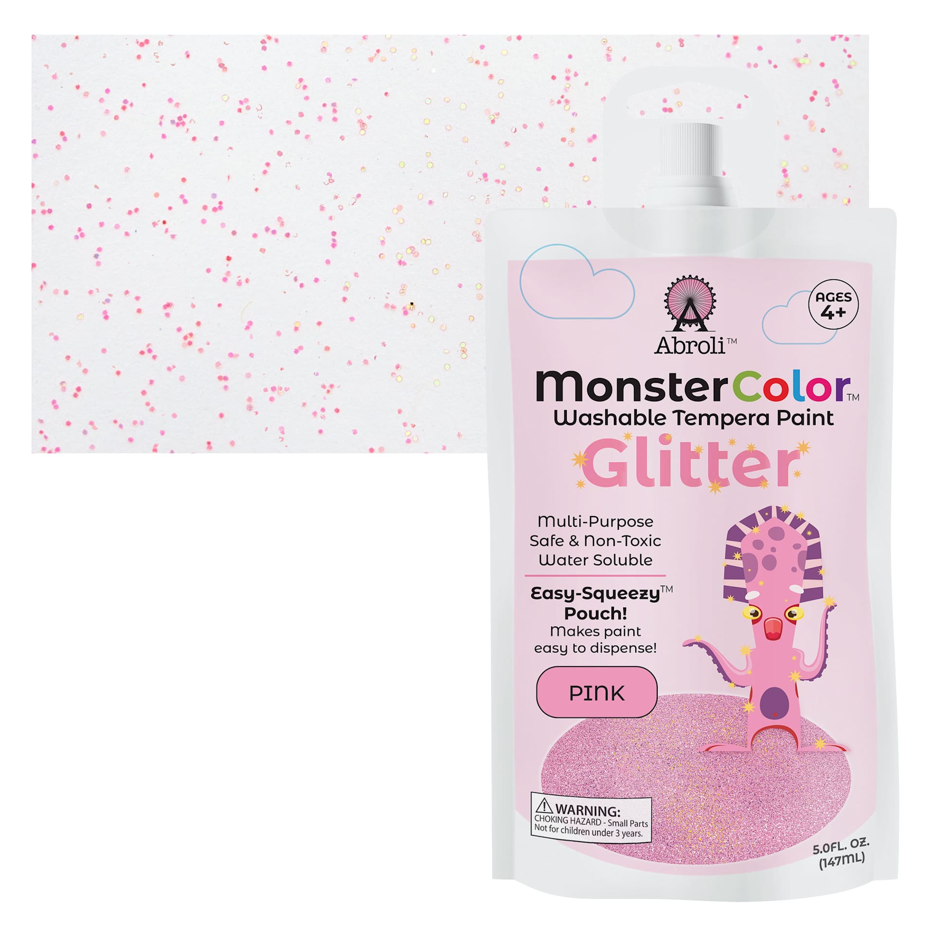 Abroli MonsterColor Washable Tempera Paint - Pink Glitter, 5 oz Pouch and swatch