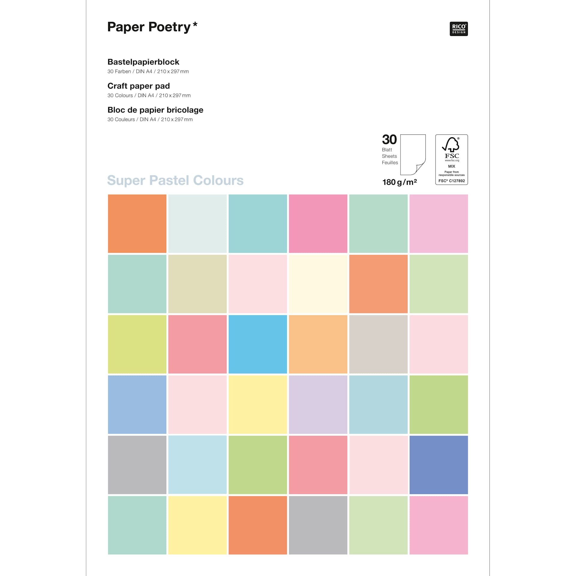 Rico Design Pastel Colors Pad - 160 gsm, 30 Sheets