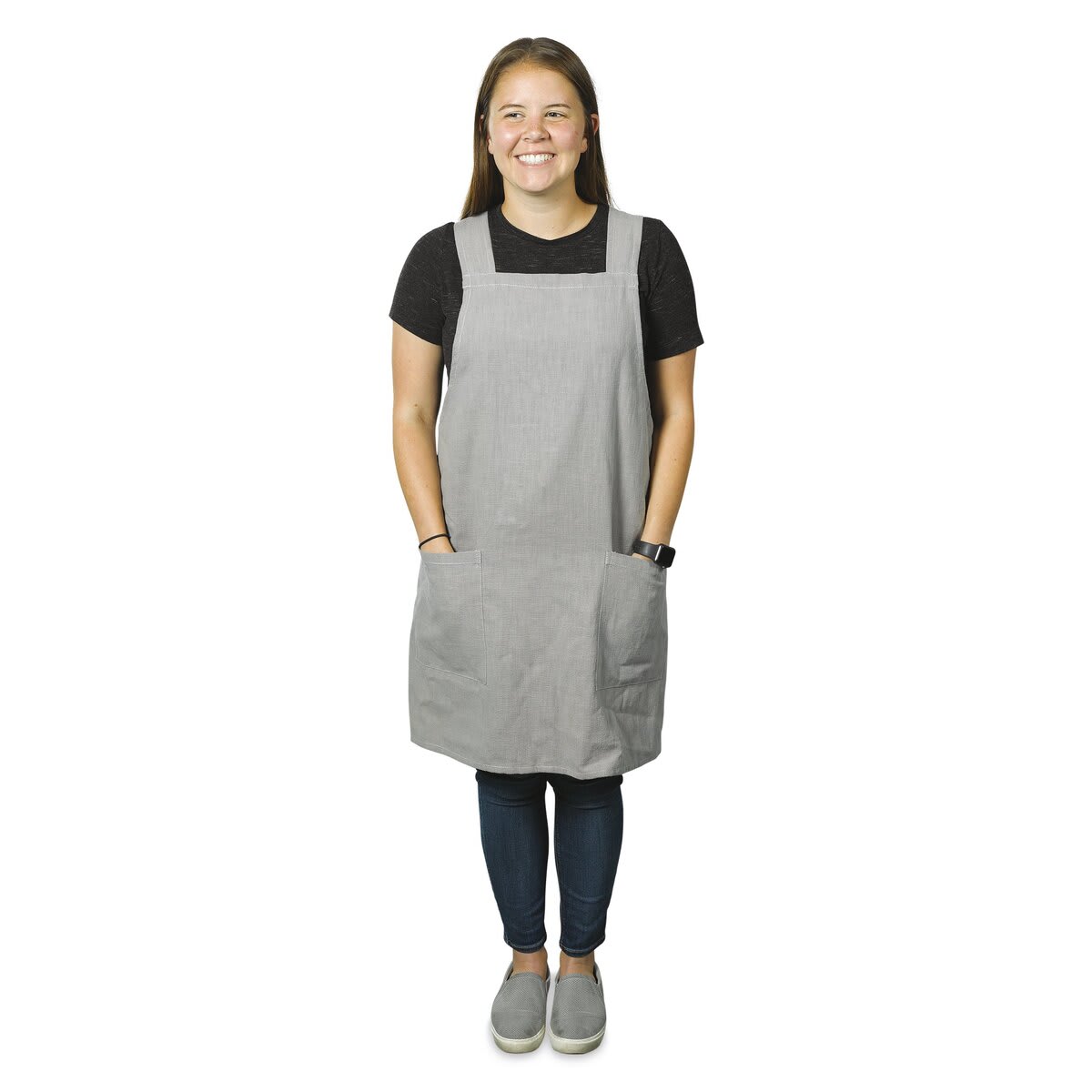 Blick Pinafore Apron - Medium/Large (front of model with apron)