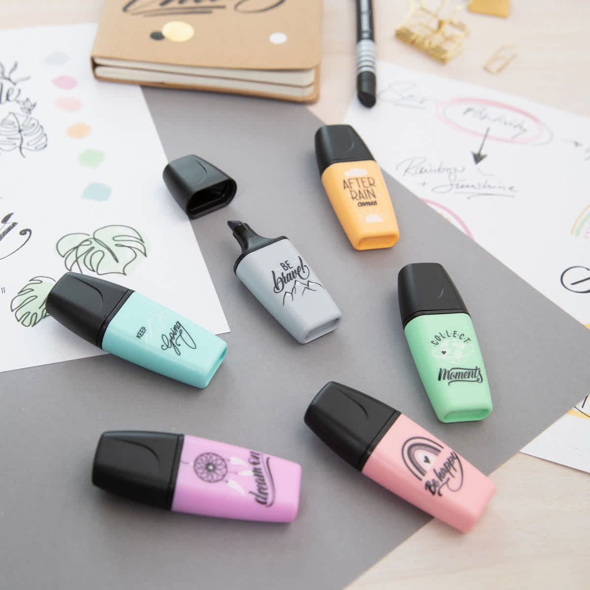BOSS Mini Highlighter Set 6-Color Pastellove Set II (Hint of Mint, Touch of Turquoise, Pink Blush, Dusty Gray, Pale Orange, Frozen Fuchsia)