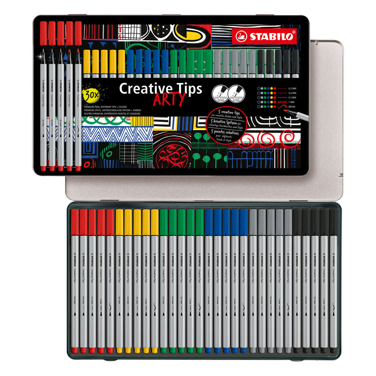 Multi-liner STABILO Creative Tips Sets 30-Piece ARTY Metal Tin Set - One each of Ultramarine, Green, Yellow, Black, Carmine and Medium Cold Grey fineliner in 0.2mm, 0.4mm, 0.7mm, 1mm and brush tips.